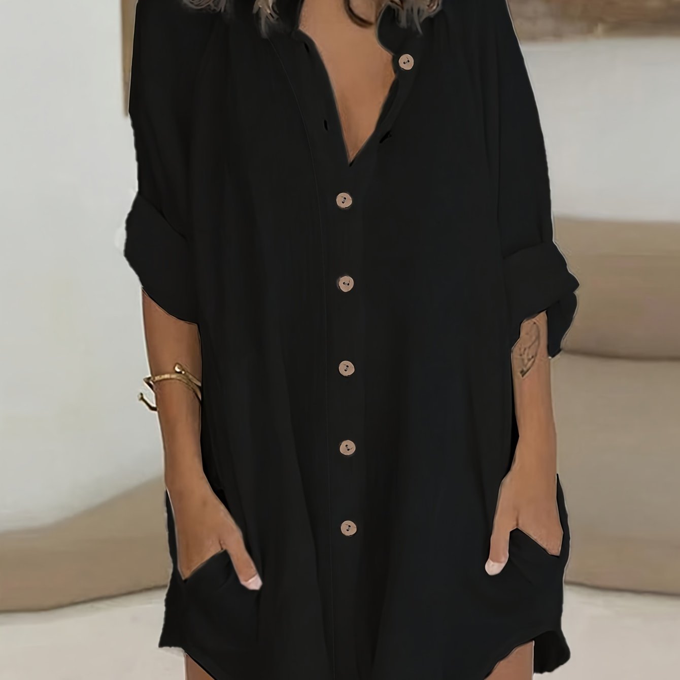ZllKl Plus Size Simple Solid Shirt, Casual Button Front Long Sleeve Shirt, Women's Plus Size Clothing