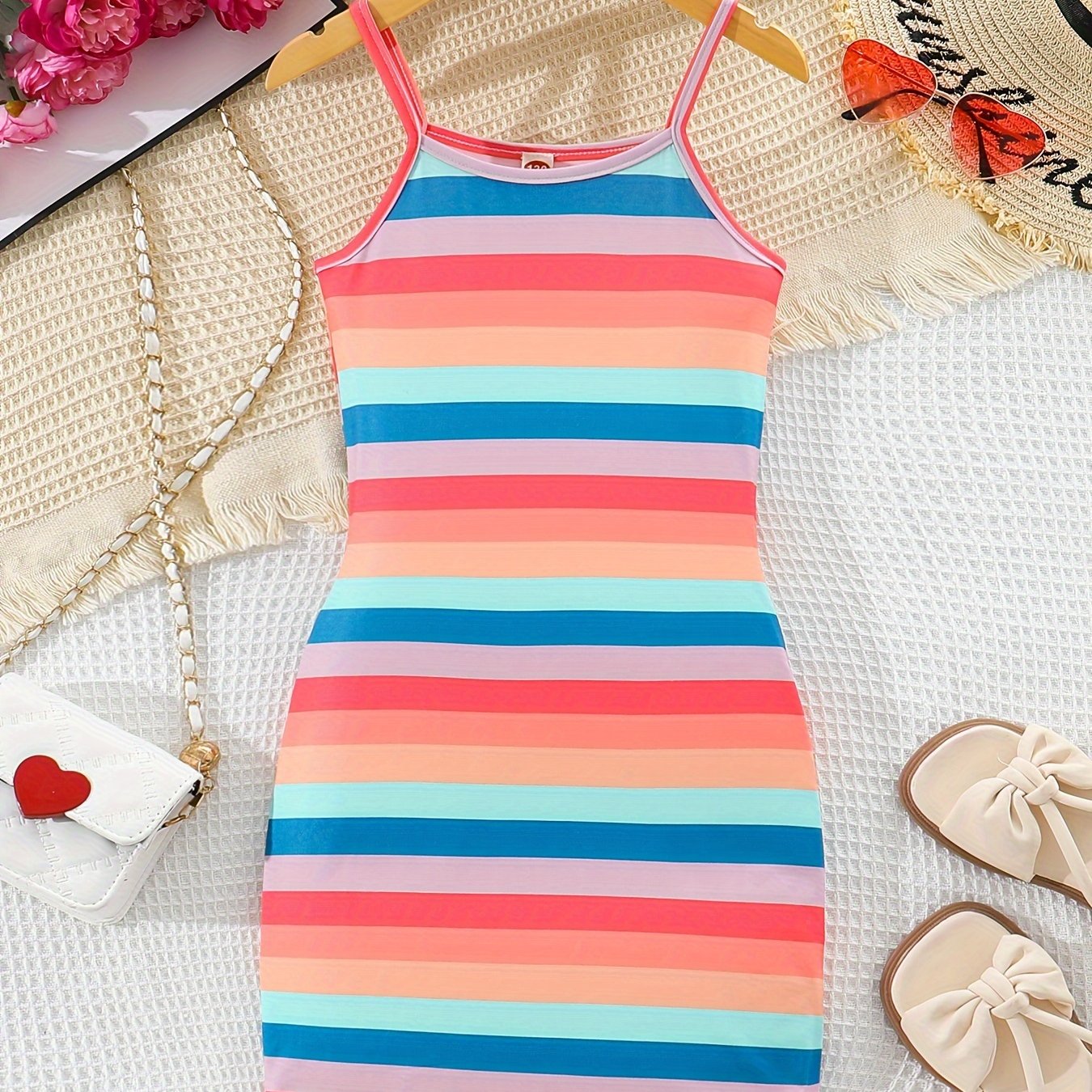 Colorful Stripe Dress - Bodycon Slim Fit Design, Adjustable Spaghetti Straps, Slip-on Style - Perfect for Little Girls and Tweens, Ideal Summer Gift for Birthday Parties, Outdoor Playdates, or Casual Occasions