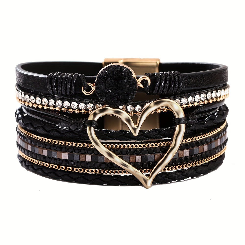 Trendy Bohemian Multilayer Bangle Bracelet - Handcrafted PU Leather with Golden Big Love Charm - Adjustable, Durable & Stylish - Perfect Boho Chic Accessory for Ladies