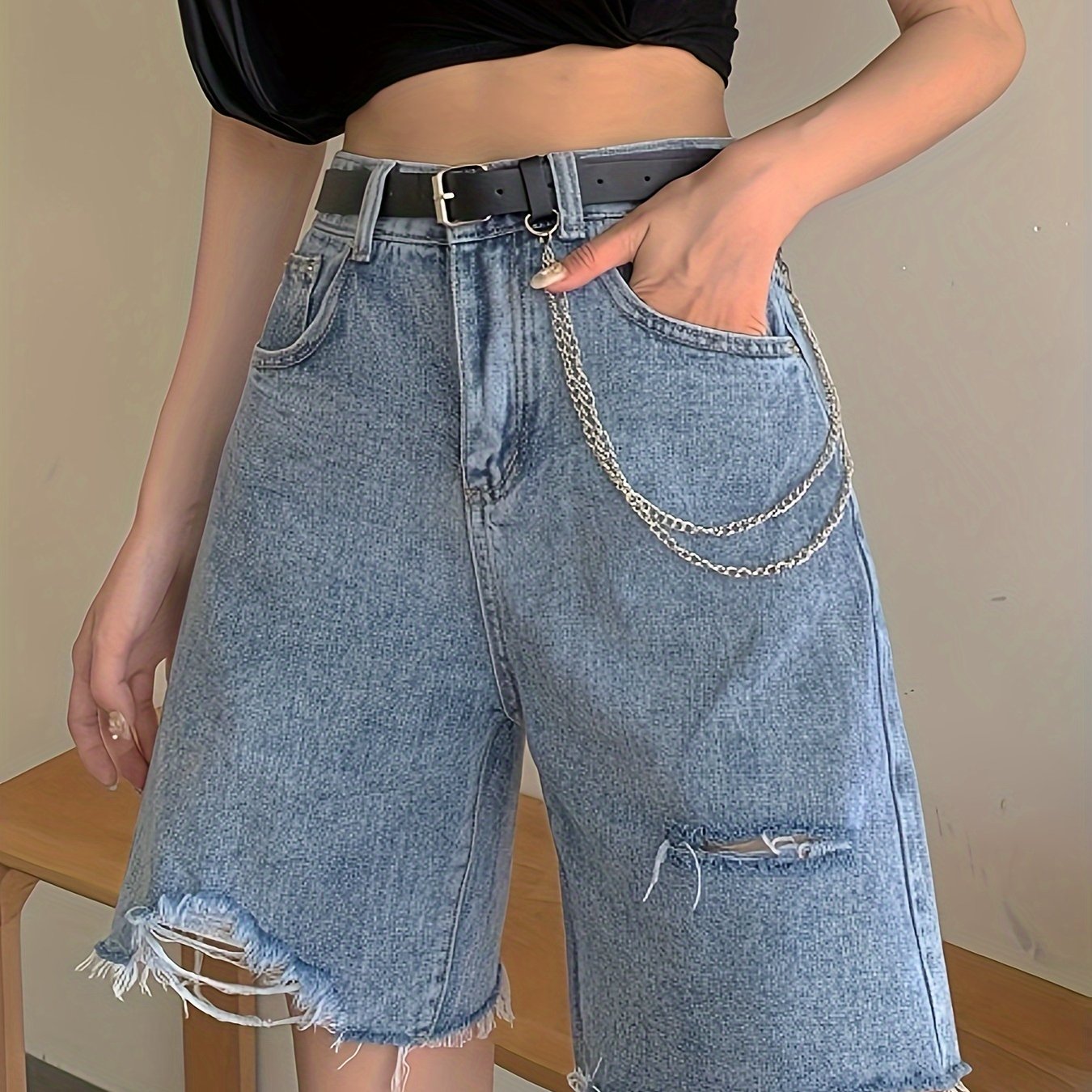 ZllKl Ripped Raw Hem Denim Shorts Jorts, Distressed Washed Blue Denim Shorts, Women's Denim Jeans & Clothing