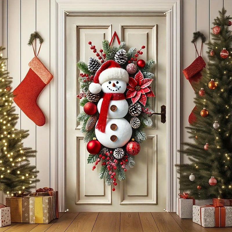 1pc Festive Christmas Wreath, 3D Snowman Door Hanging, Fabric Wall Decor, No Feather, Battery-Free, Outdoor Holiday Decoration for Home & Garden, 2025 New Year Front Door Decoration, Gift for Family & Friends