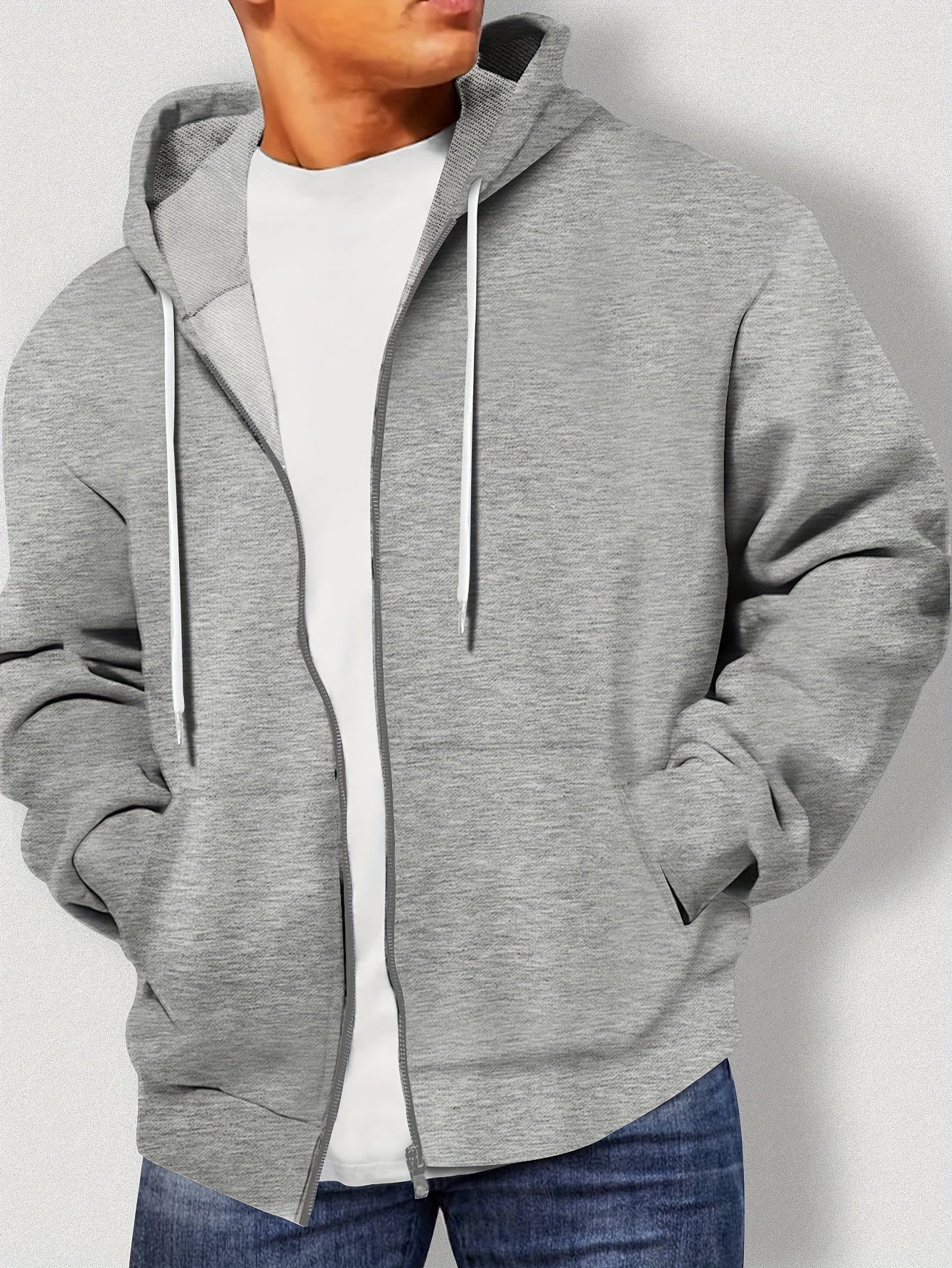 100% Polyester Plus Size Solid Color Zip-Up Hoodie for Men - Preppy Sports Style with Hood, Non-Stretch Drawstring Detail, Regular Fit for Spring/Fall Activities