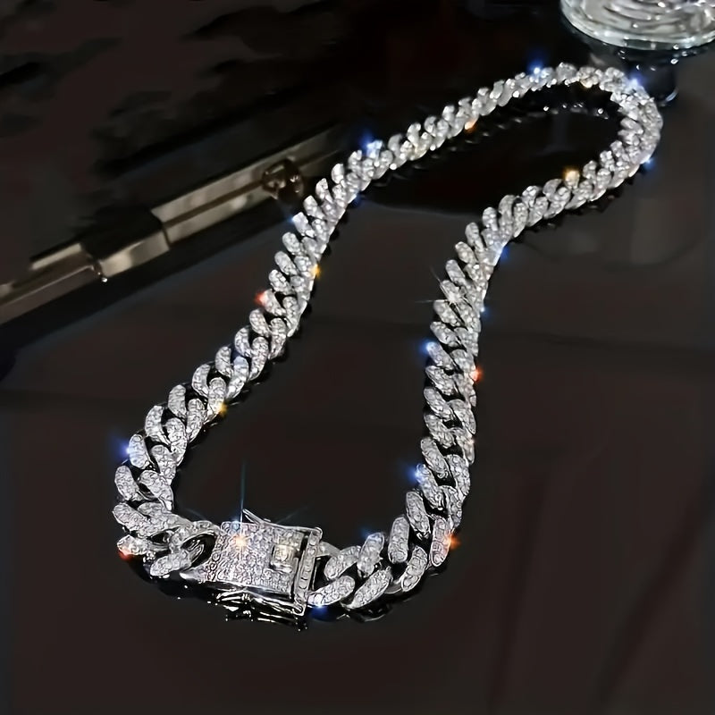 1pc Shiny Cuban Chain Icy Miami Men Womens Cuban Necklace Choker Silvery/Golden Shiny Rhinestone Hip Hop Jewelry For Women
