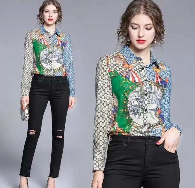 Designer Printed Black Shirts Women Runway Button Shirt Office Ladies Ribbon Bow Blouses Slim Fit Stylish Luxury Tops