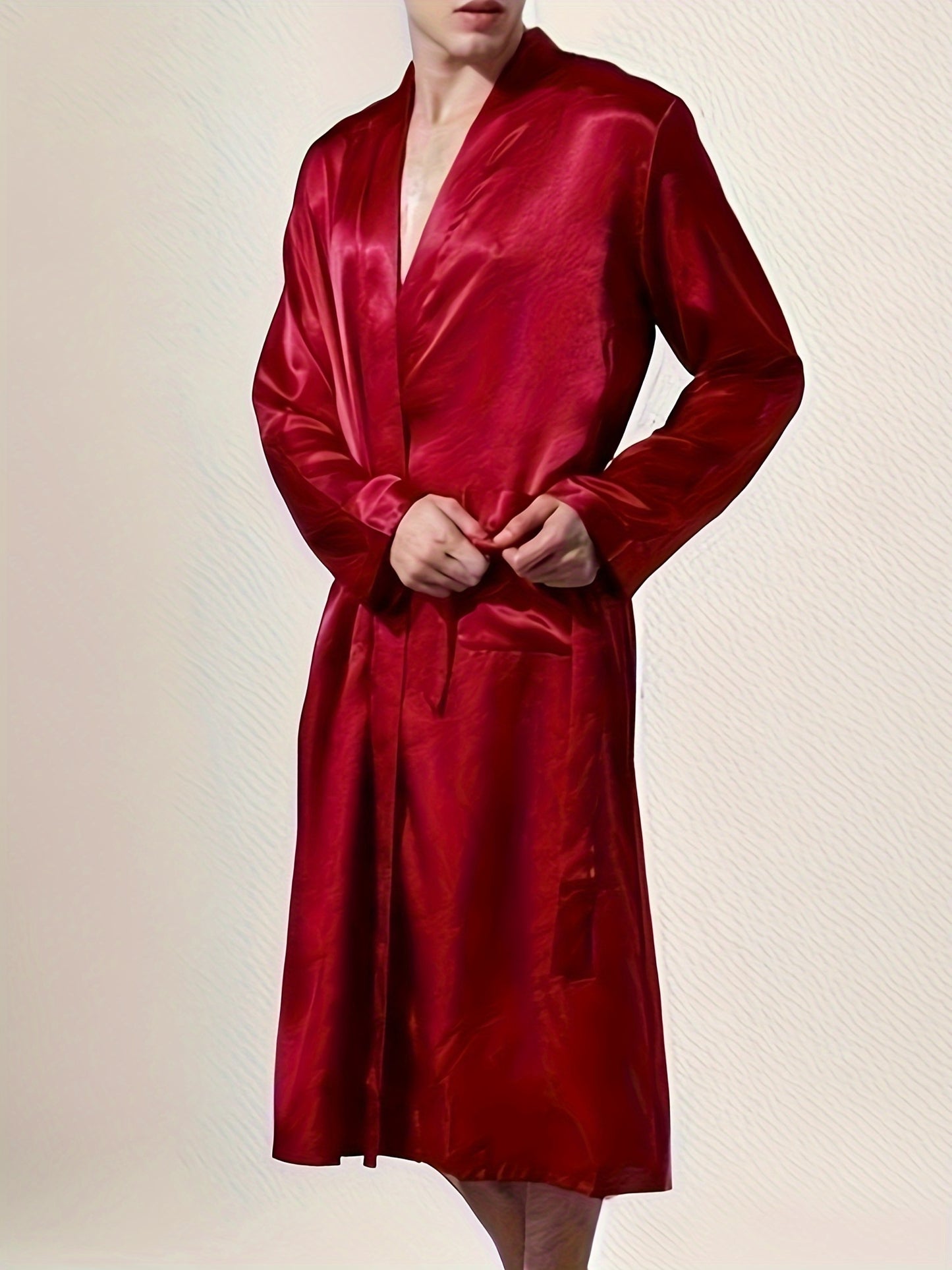 Men's Comfy Solid Glossy Robe For Home Pajamas Wear One-piece Lace Up Kimono Night-robe Sets After Bath