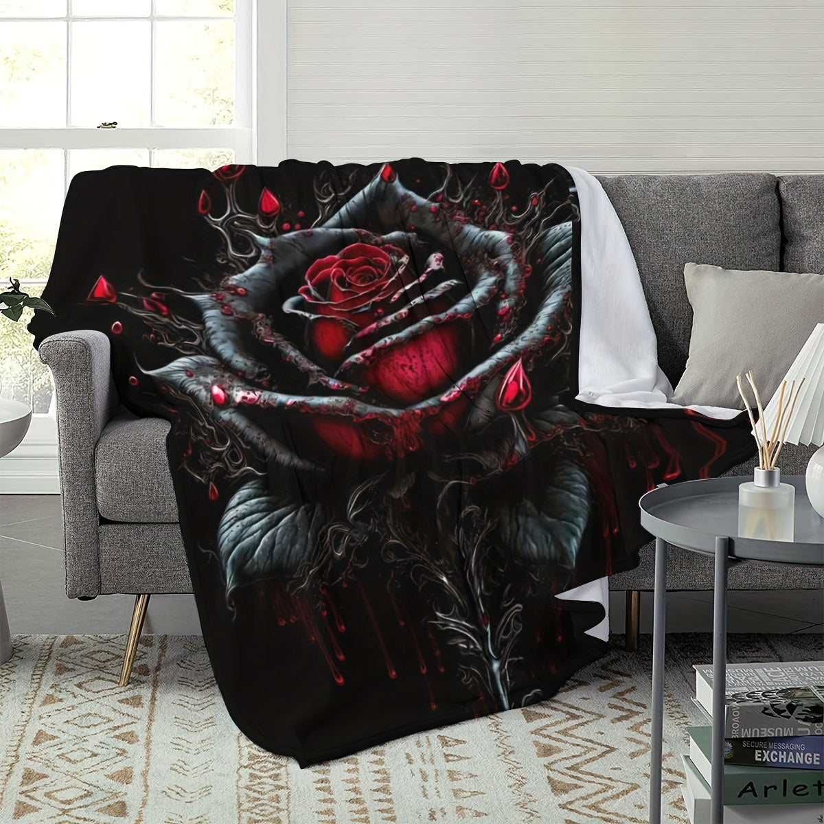 1pc Goth Black Rose Printed Flannel Blanket For Sofa Bed Office Shawl Cover Legs Picnic Camping Multi-purpose Comfortable Soft Blanket