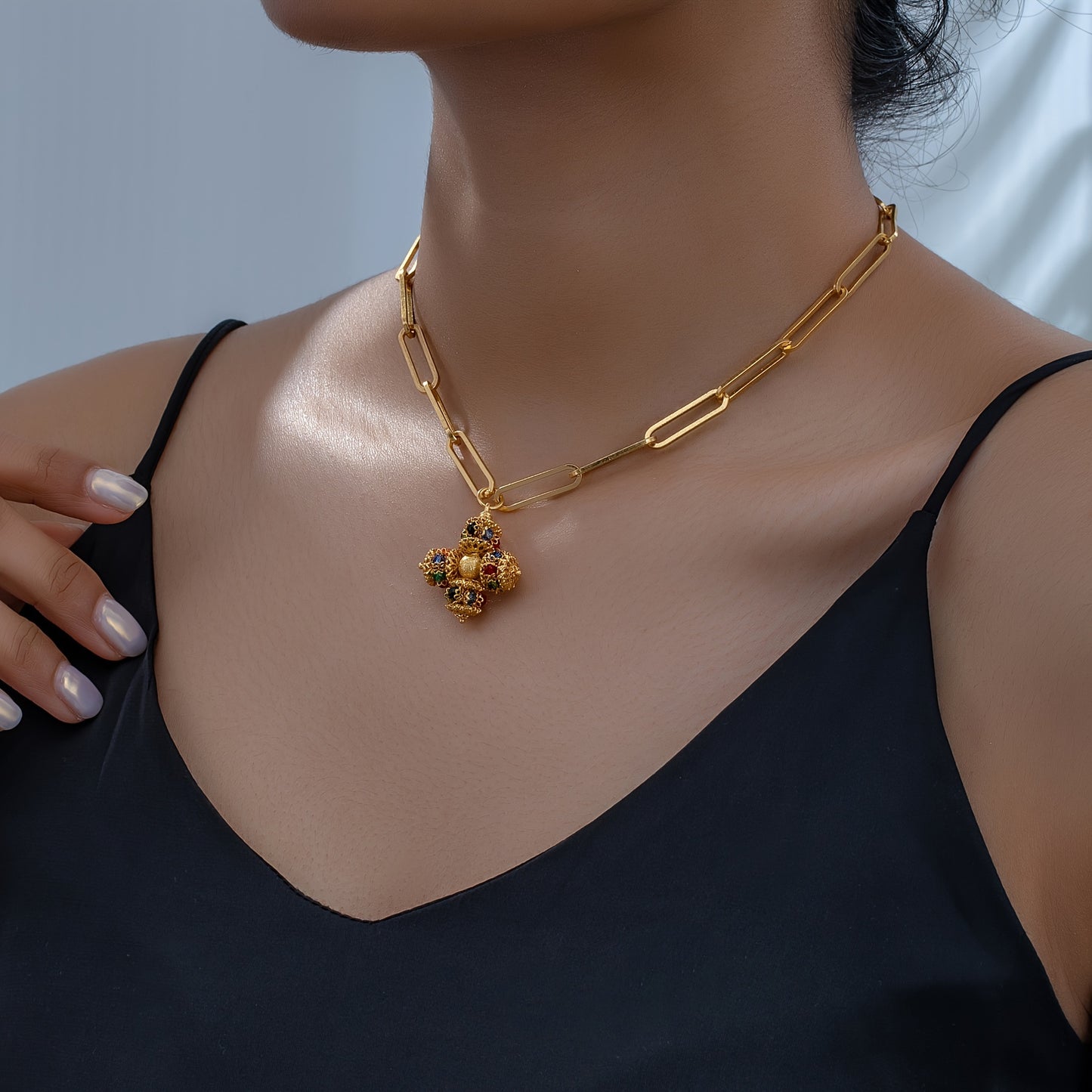 Colorful Cross Design Pendant Necklace Copper Alloy Clavicle Necklace For Women
