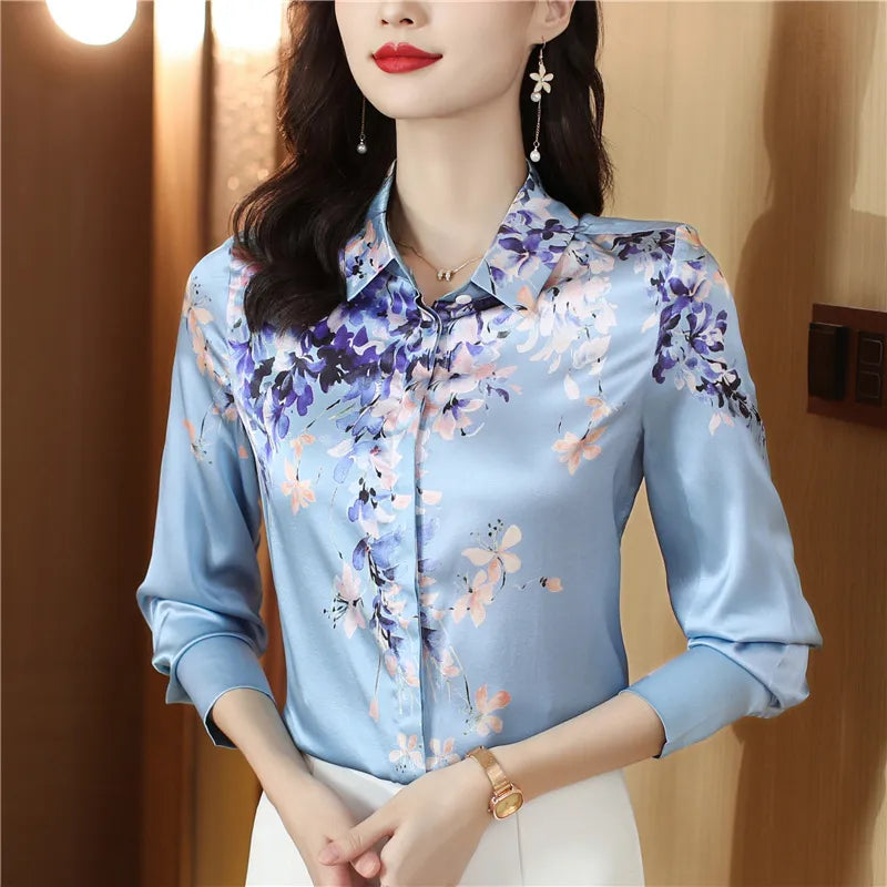 Luxury Designer Print Classic Satin Shirt Plus Size Women Fashion Long Sleeve Button Front Shirts Spring Autumn Ladies Runway Lapel Blouse Elegant Silk Tops