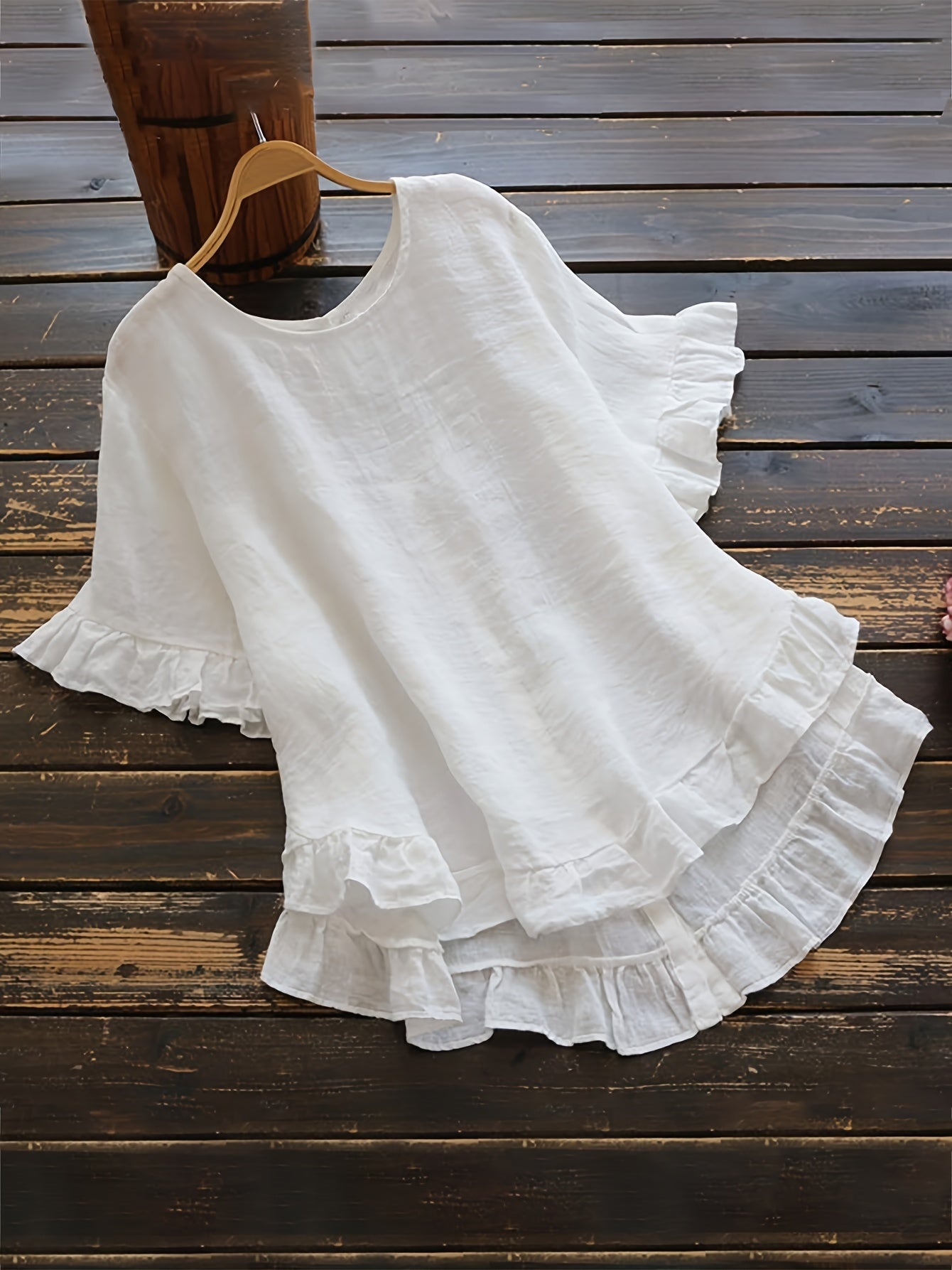 ZllKl Solid Button Back Ruffled Trim Blouse, Casual Short Sleeve Blouse For Spring & Summer, Women's Clothing