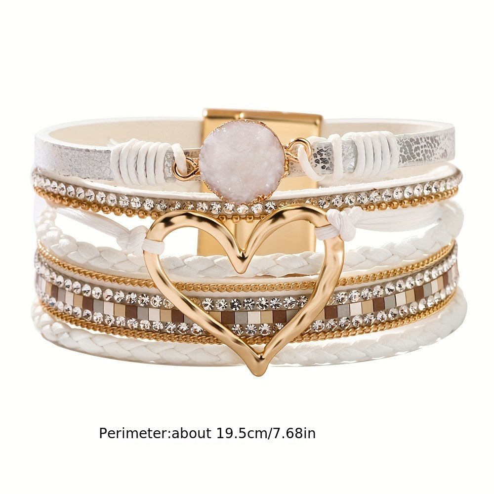Trendy Bohemian Multilayer Bangle Bracelet - Handcrafted PU Leather with Golden Big Love Charm - Adjustable, Durable & Stylish - Perfect Boho Chic Accessory for Ladies