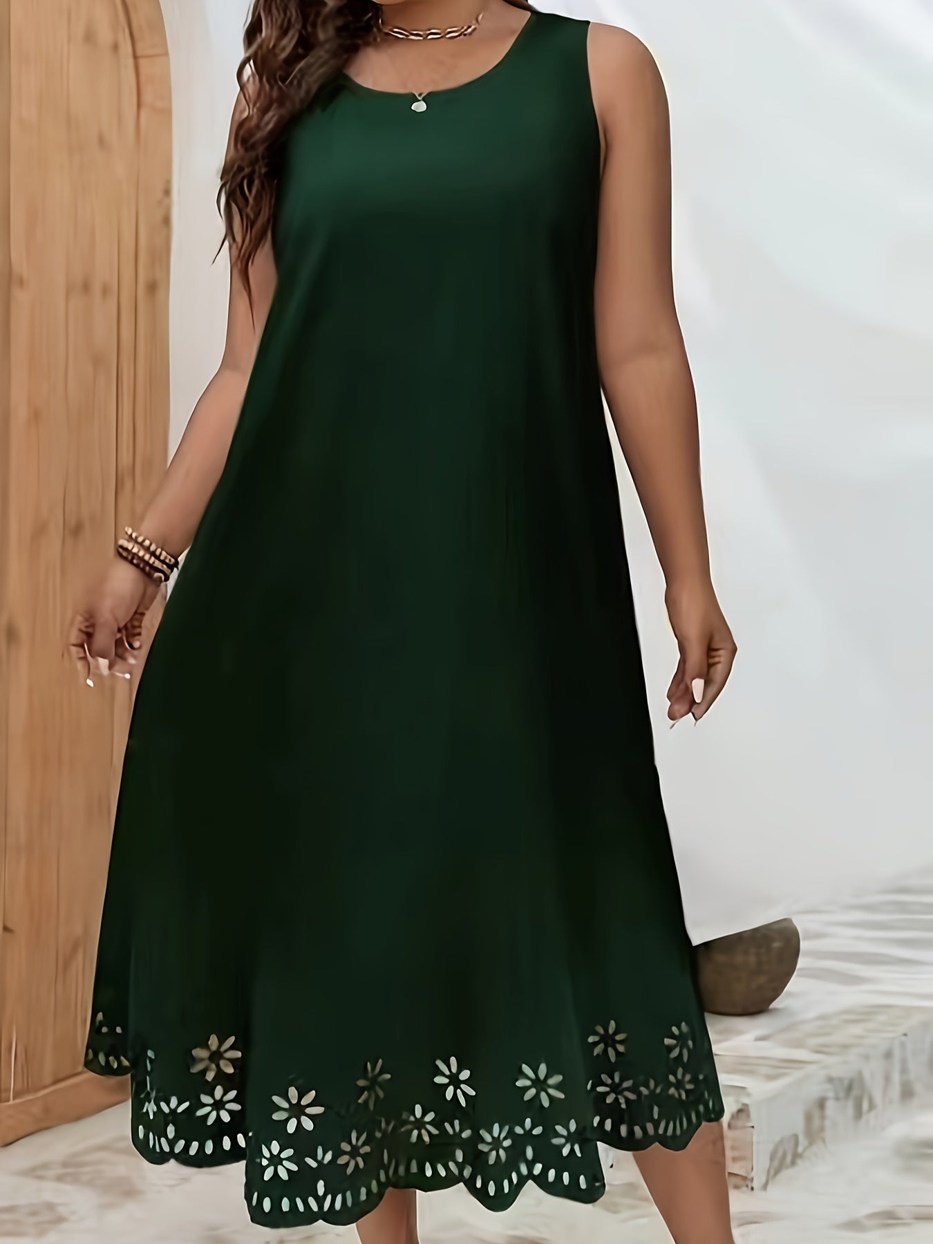 Plus Size Cutout Trim Tank Dress - Flattering Sleeveless Design, Breathable Fabric, and Comfortable Fit for Spring and Summer - Women's Casual Clothing for Warmer Weather