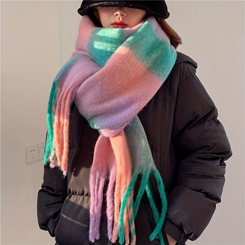 Autumn Winter Rainbow Color Boho Plaid Tassel Chunky Scarf - Soft Imitation Mohair, Eye-Catching Tassel Details, Thick and Plush Design, Long Stylish Neckerchief - Vibrant Shawl for Cold Weather
