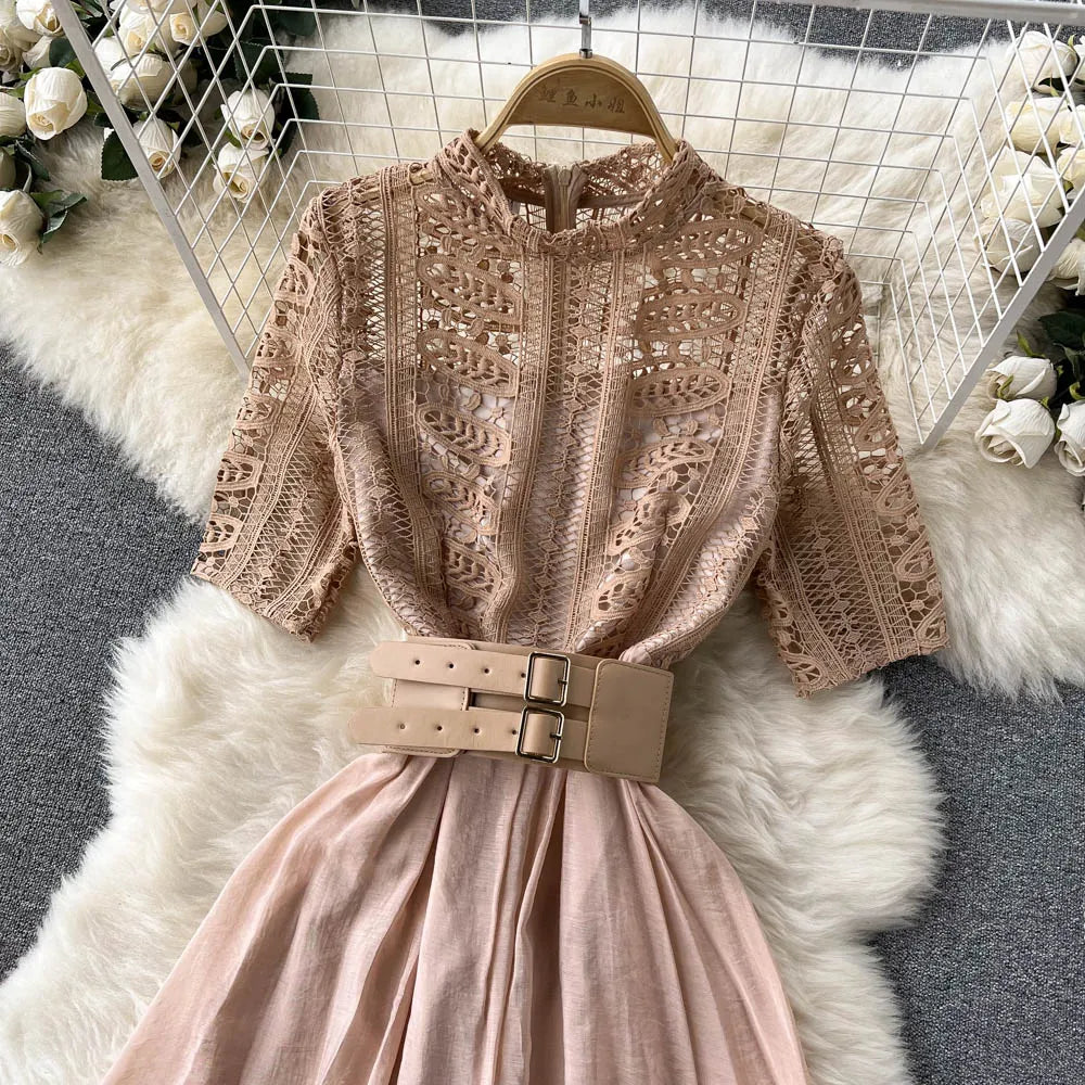 New Summer Elegant Women Stand Collar Long Dress Vintage Female Lace Patchwork Dress Empire Slim Fairy with Belt