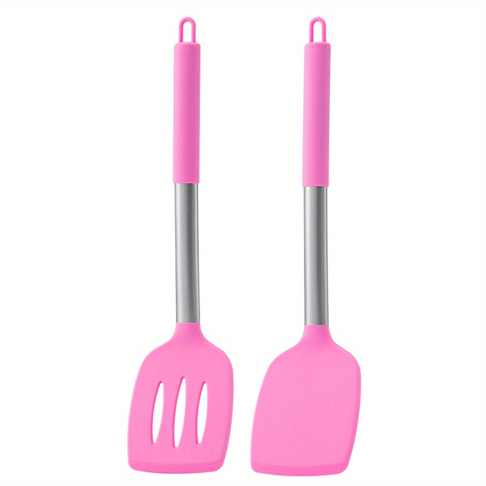 2pcs, Turner, Silicone Solid Spatula, Silicone Slotted Turner, Cooking Spatula, Non-Stick Cooking Turner, Pancakes Frying Pan Shovel, Cooking Utensils, Kitchen Utensils, Apartment Essentials, College Dorm Essentials, Tools