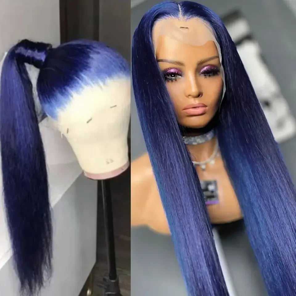 Midnight Blue Straight Lace Frontal Human Hair Wigs Brazilian 13X6 Lace Front Wig Dark Blue 250% Density Full Lace Wig for Women