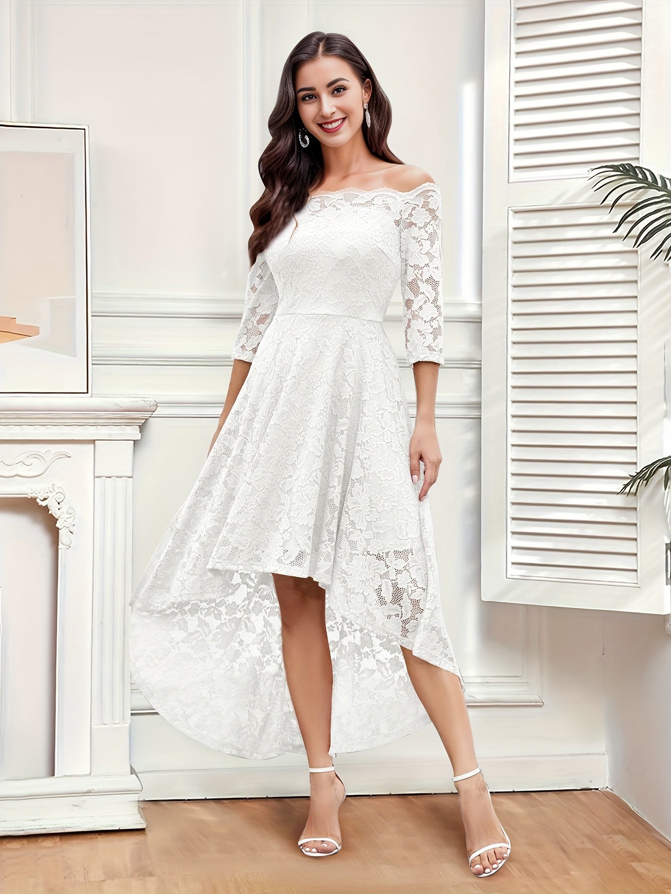 Elegant Off the Shoulder Lace Stitching Pendulum Dress - Micro Elastic Polyester, Half Sleeve, High-Low Hem, Solid Color, Hand Washable - Perfect for Wedding, Party, Banquet, and Engagement Occasions