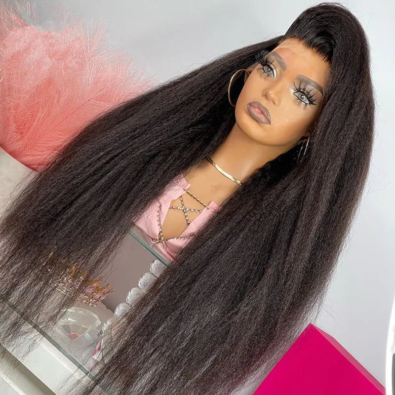 Mongolian Hair Black Kinky Straight Wigs For Black Women Glueless Human Hair Wig Yaki HD Transparent Glueless Full Lace Front Wig Pre Plucked