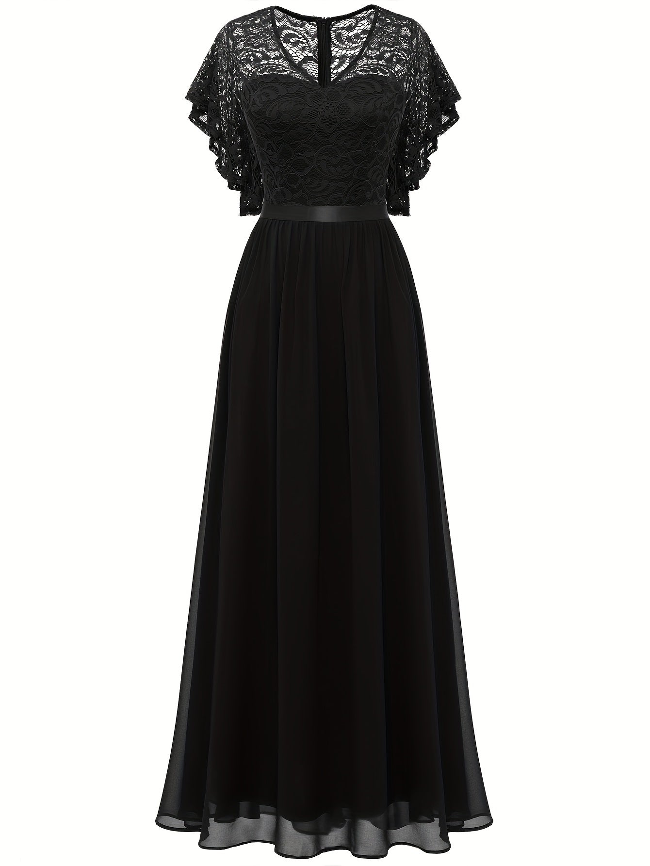 Stunning Lace Splicing V-Neck Bridesmaid Dress - Elegant Ruffle Sleeve, A-Line Floor Length, Perfect for Wedding Party - Womens Formal Clothing for Special Occasions