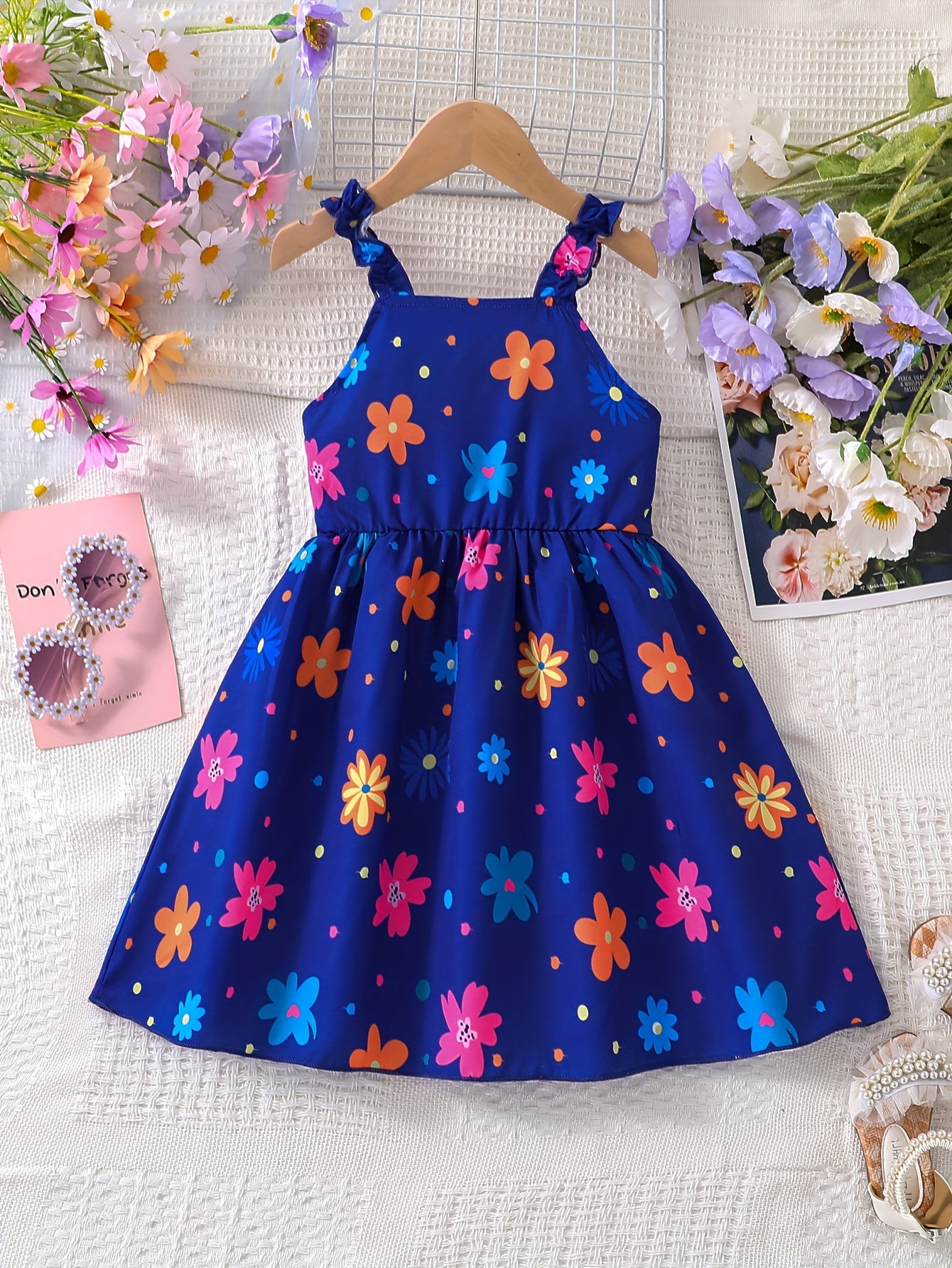 Chic Summer Floral Girls' Dress - Comfortable, Woven Fabric with Ruffle Detail & Playful Suspender Straps