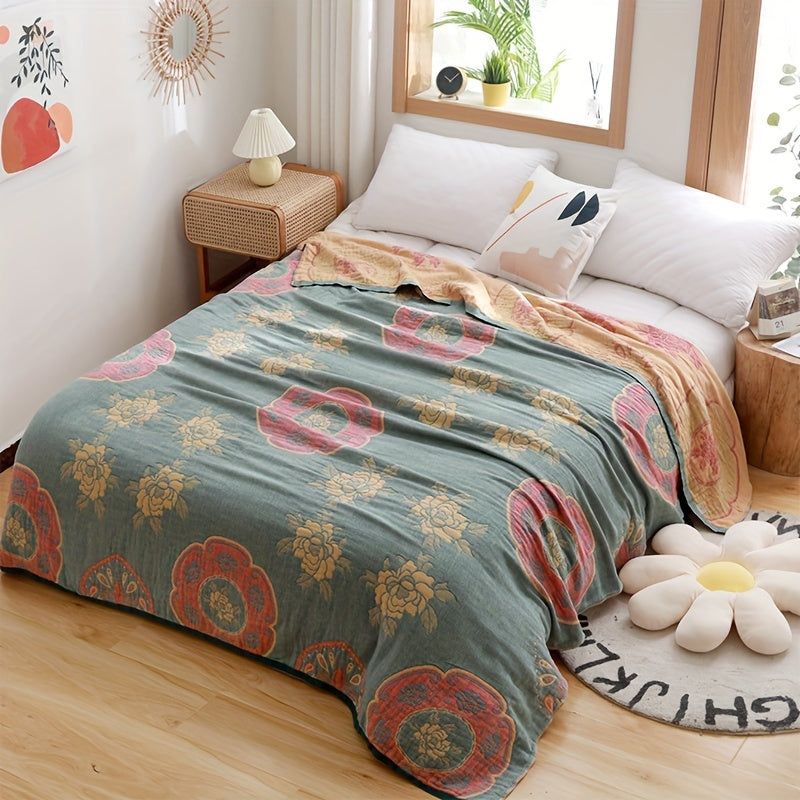 1pc Soft & Comfortable Peony Pattern Cotton Jacquard Blanket - Five-Layer Cotton Yarn Construction, Suitable for All Seasons, Perfect for Adult Sofa Nap Blanket, Four Seasons Blanket - 100% Cotton, Gentle on Skin, Breathable, and Absorbent