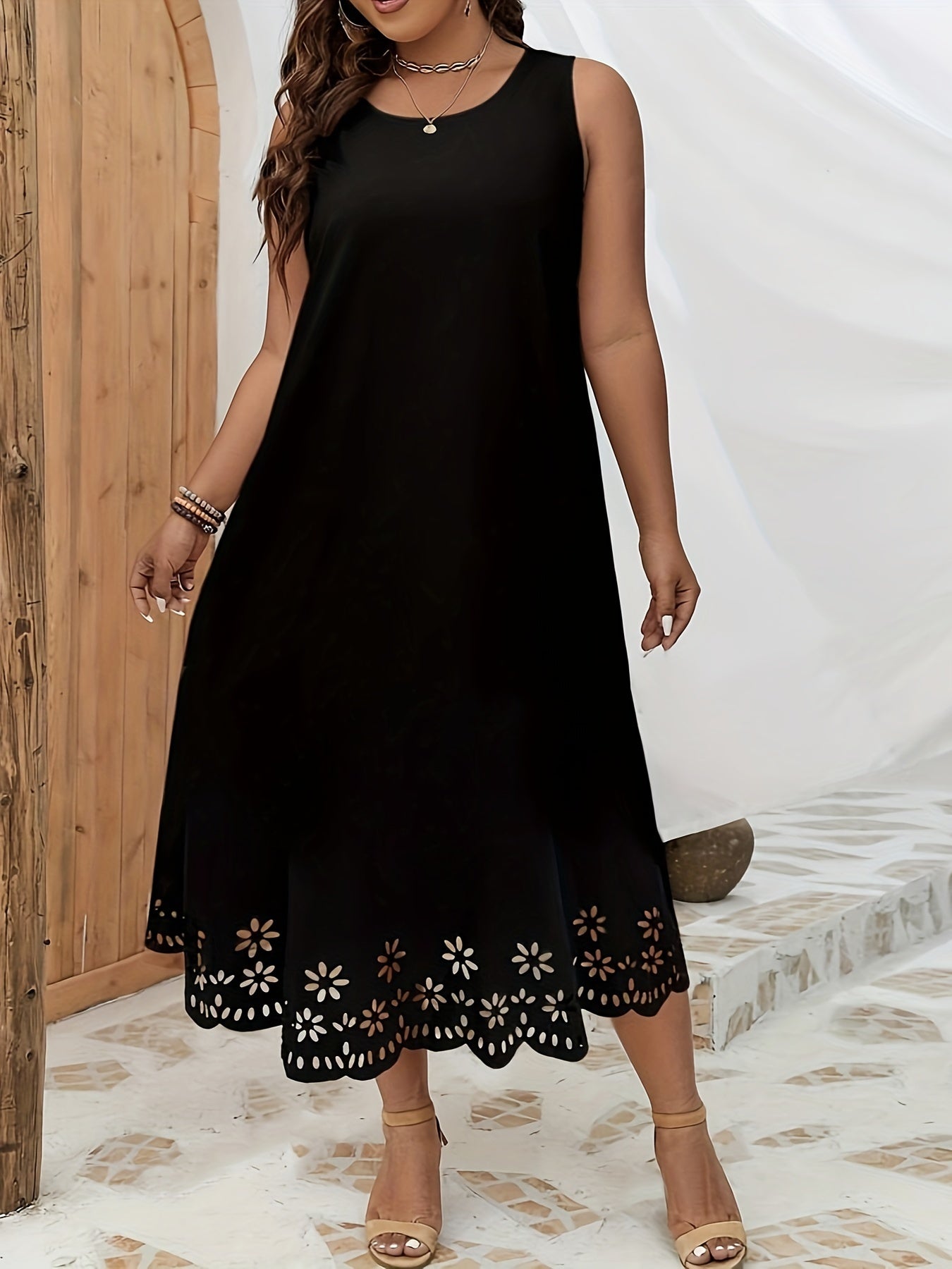 Plus Size Cutout Trim Tank Dress - Flattering Sleeveless Design, Breathable Fabric, and Comfortable Fit for Spring and Summer - Women's Casual Clothing for Warmer Weather