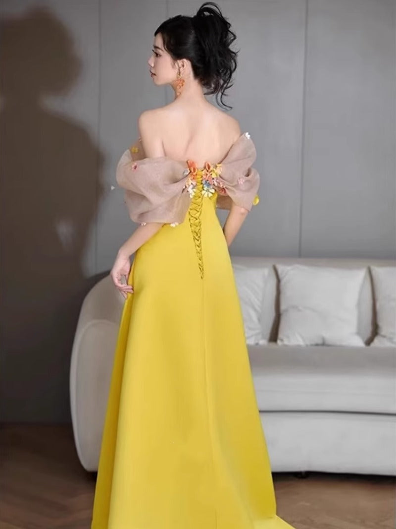 Yellow morning robe female bride morning shot shoulder evening dress student day adult ceremony super fairy temperament host art exam skirt