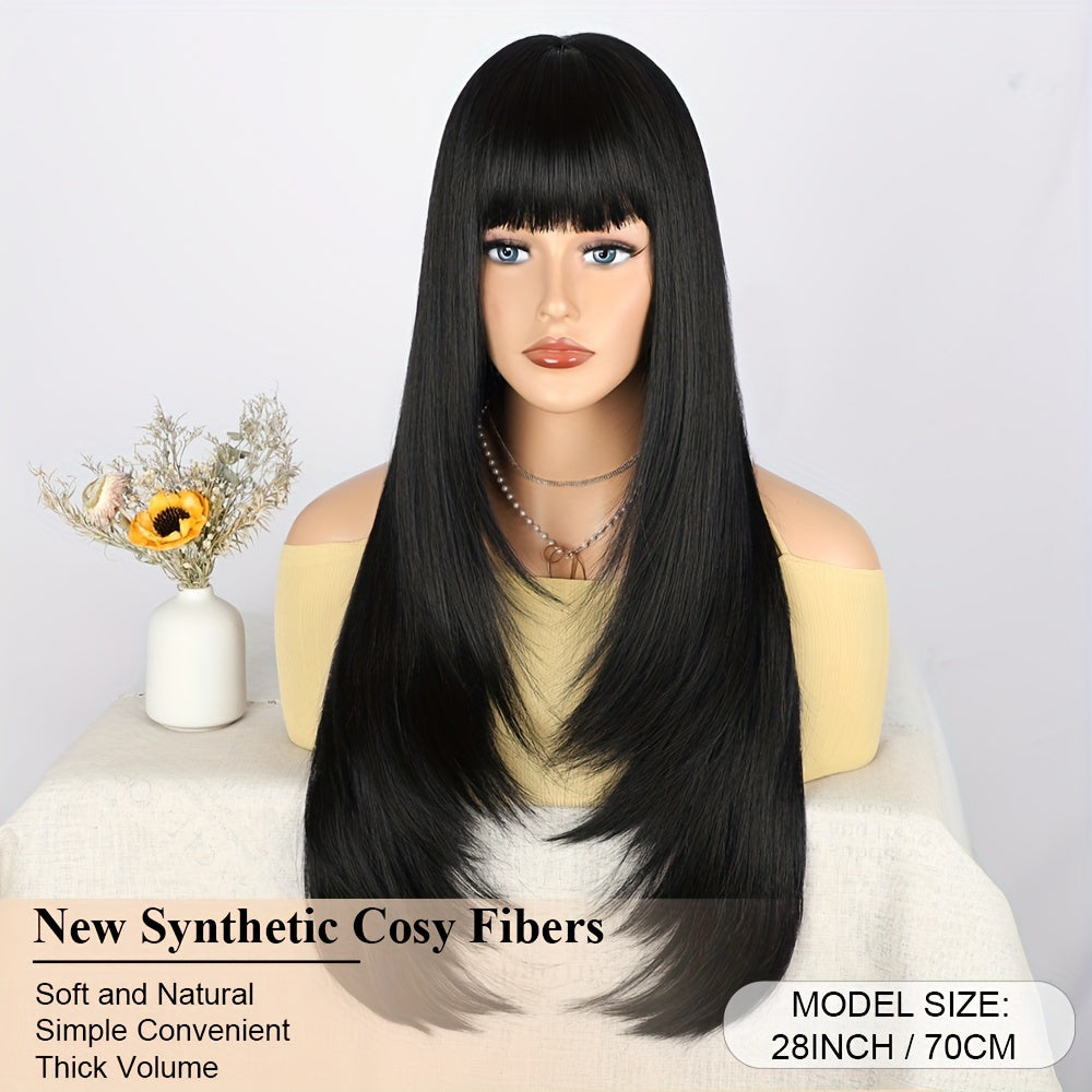 28 Inch Long Black Wig with Flattering Bangs - Silky Straight Synthetic Hair for Everyday Glam - Realistic, Easy-to-Style Wigs Designed for Women