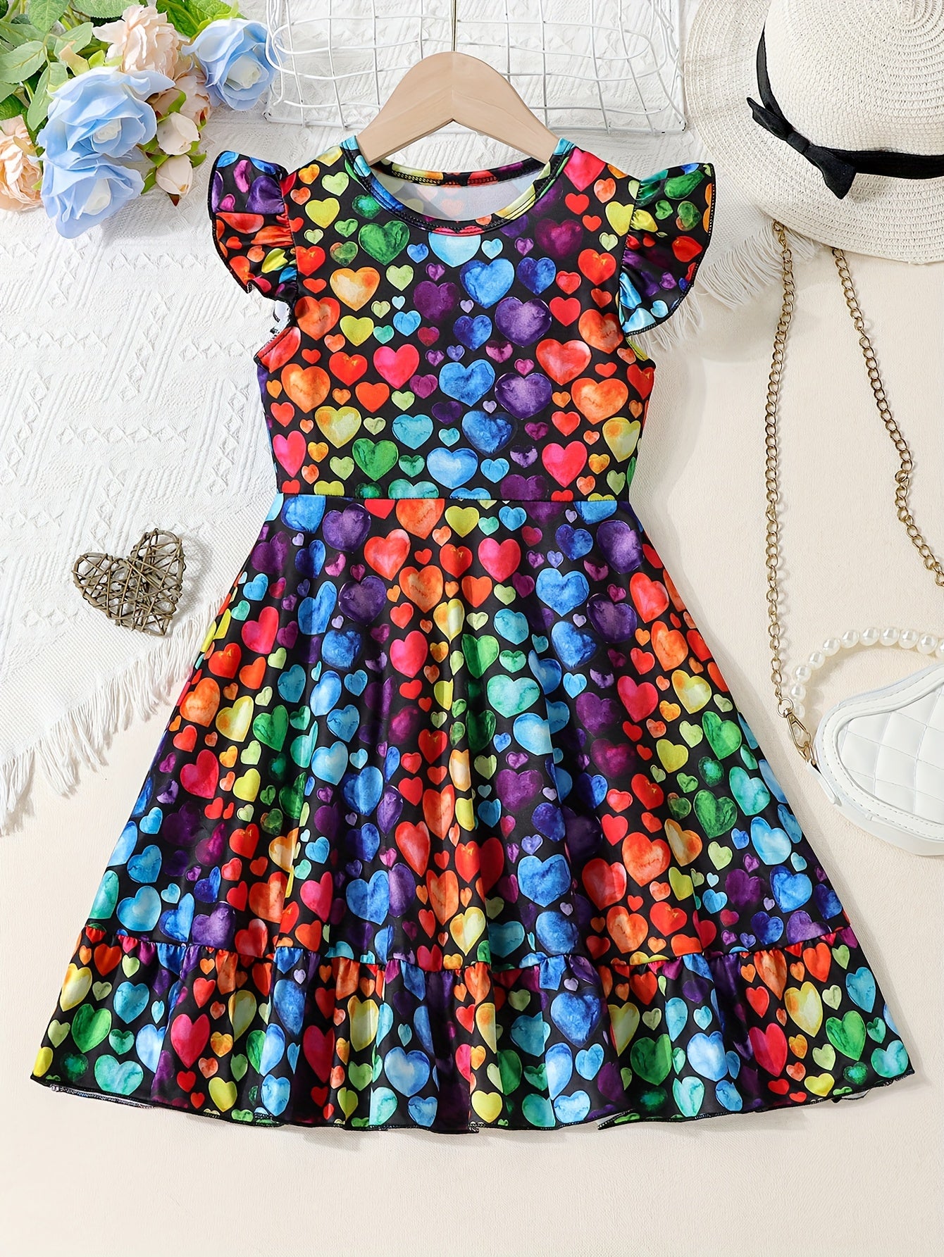 Girls Vibrant Hearts Print Round Neck Flying Sleeve Midi Dress - Adorable & Flowy for Summer Romance & Valentines Day