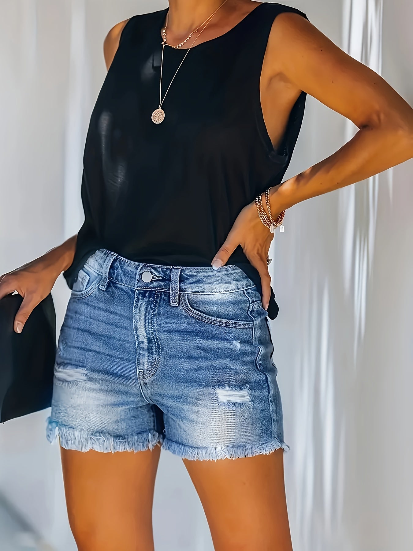 ZllKl Raw Hem Washed Denim Shorts, Ripped Holes Slash Pockets Short Denim Pants, Women's Denim Jeans & Clothing