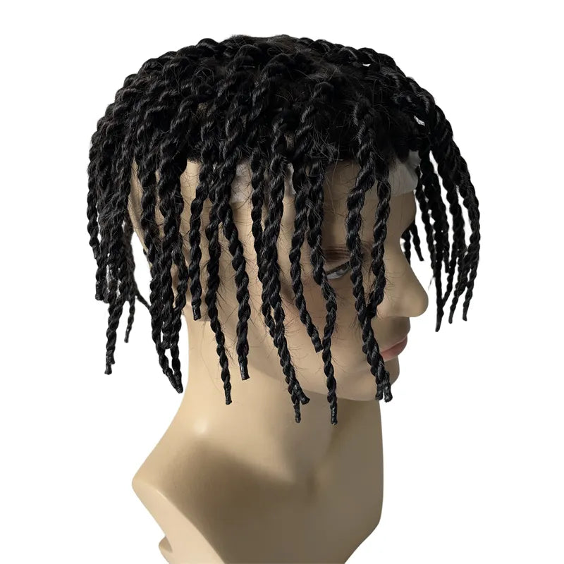 European Virgin Human Hair Pieces 200% Density 1b# Black Twist Braids Knots Skin PU Toupee for Black Men