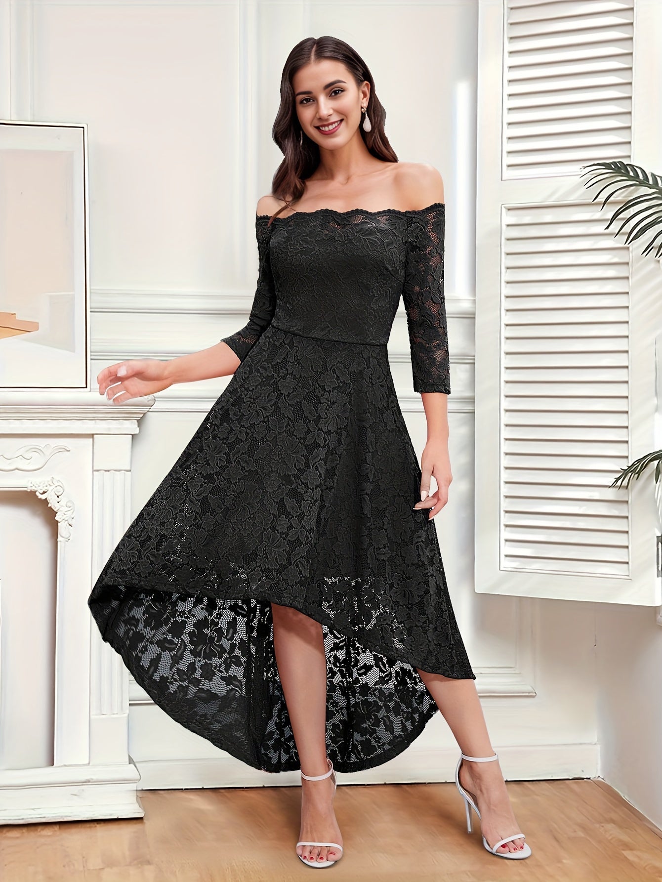 Elegant Off the Shoulder Lace Stitching Pendulum Dress - Micro Elastic Polyester, Half Sleeve, High-Low Hem, Solid Color, Hand Washable - Perfect for Wedding, Party, Banquet, and Engagement Occasions