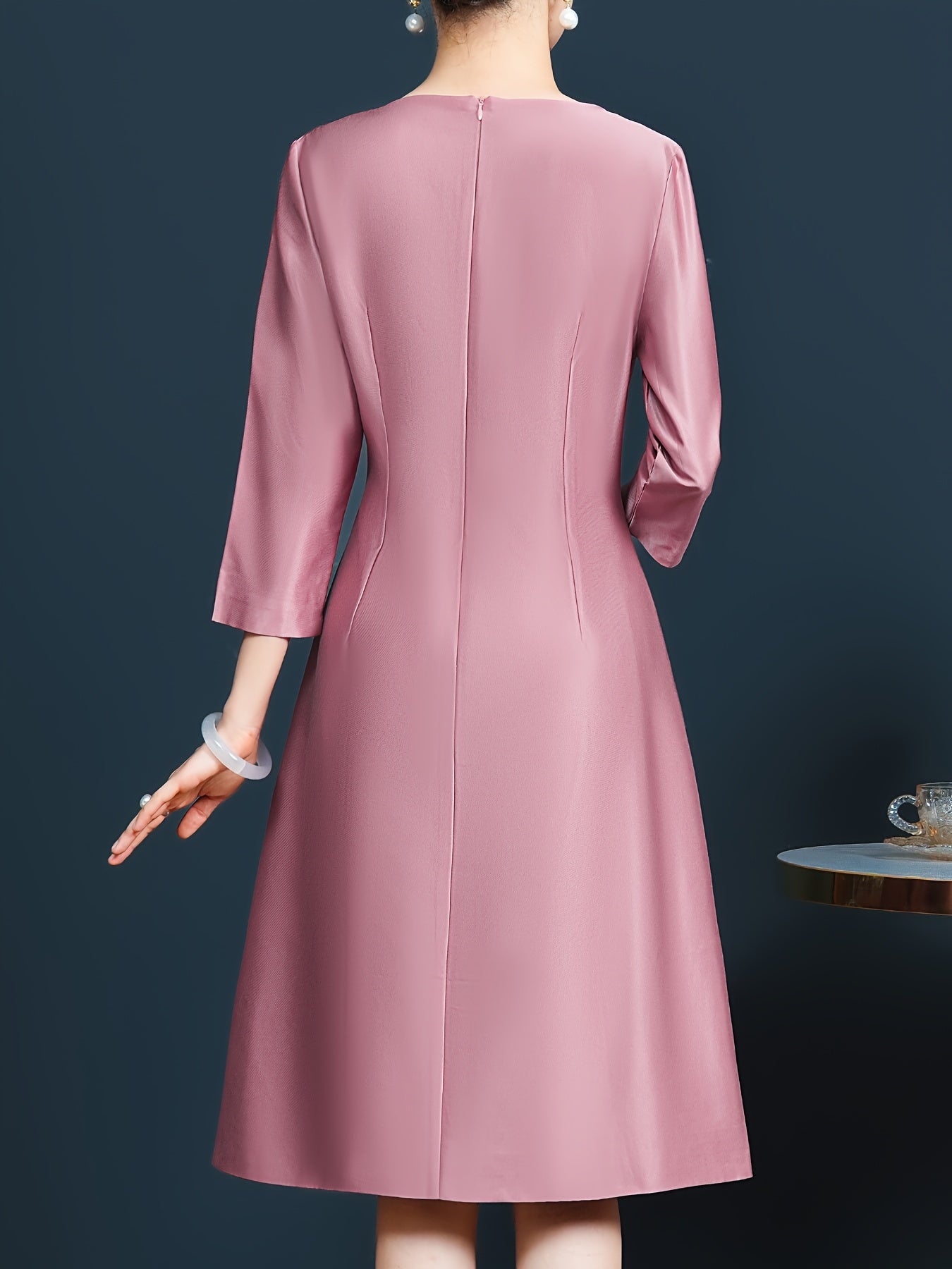 Pink embroidered 3/4 sleeve dress mid-length hem slimming, Mother of the bride wedding guest dress elegant