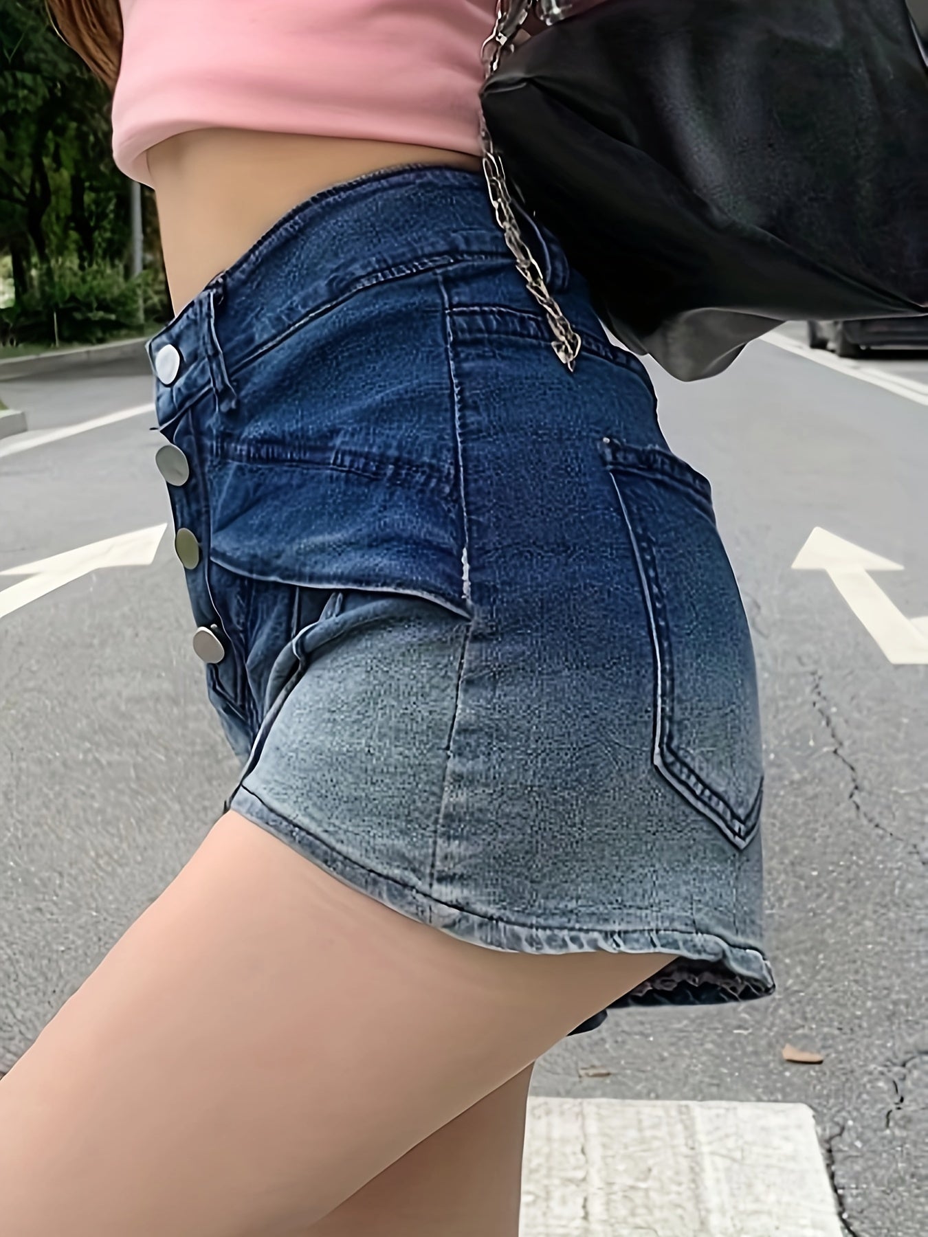 ZllKl Women's Gradient Ombre Color Denim Shorts, Casual, High-Waisted, Single-breasted Button Design, Fashion Streetwear Hot Pants, Summer Jean Shorts
