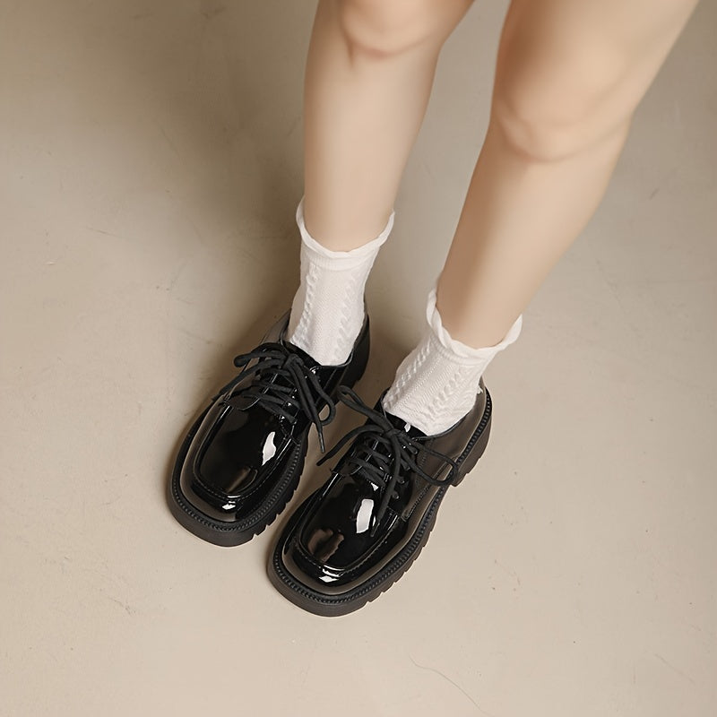 Stylish Womens Square Toe Platform Oxfords - Non Slip Rubber Soles, All-Match Black Lace Up Shoes with Man Made Materials and Comfortable Insoles for Spring Season