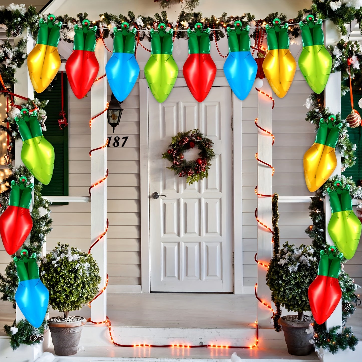 60pcs Christmas Light Bulb Shaped Balloons - Inflatable Foil Xmas Decorations with 98 Feet Nylon Rope for Party Decor, Festive Holiday Celebrations, and Winter Wonderland Themes