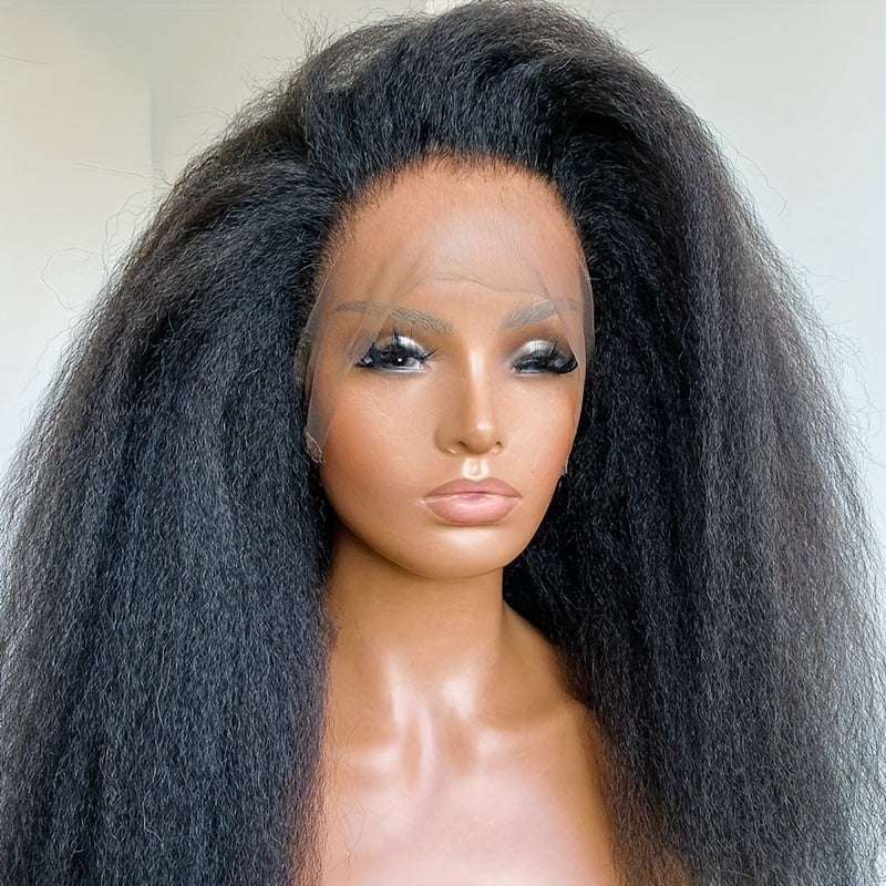 26 Inch Long Black Yaki Kinky Straight Synthetic Wig - Heat Resistant 13*4*1 Lace Front for Women - Perfect Daily Wear & Cosplay, Natural, Durable, Easy Style
