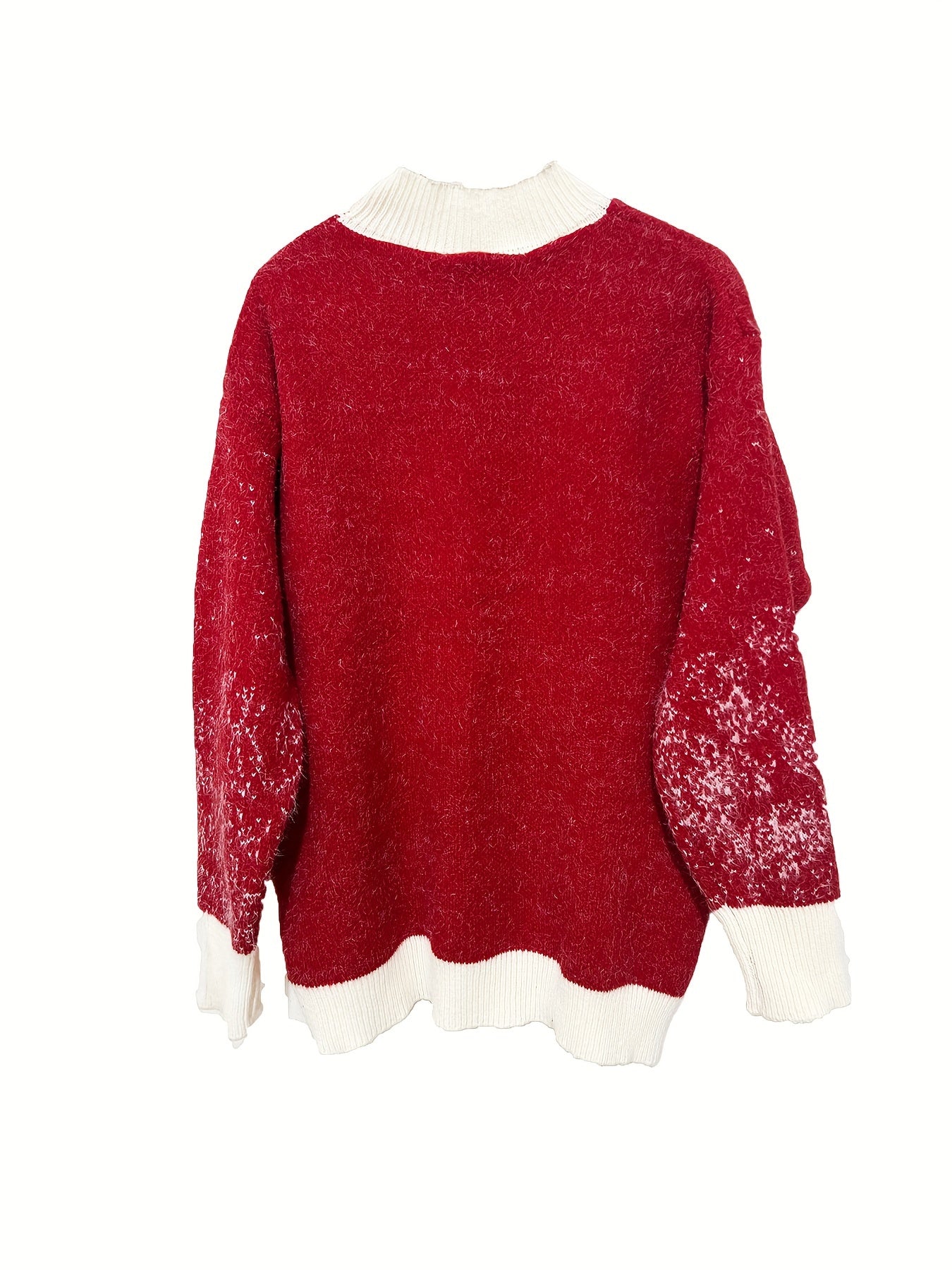Women'S Festive Christmas Sweater, Long Sleeve, Elegant Style, Polyester, Round Neck, No Belt, Loose Fit, Pullover, Christmas Pattern, Floral Print, Mid-Stretch Fabric, Knee-Length, Leg of Mutton Sleeves, Embellished with Christmas Decor