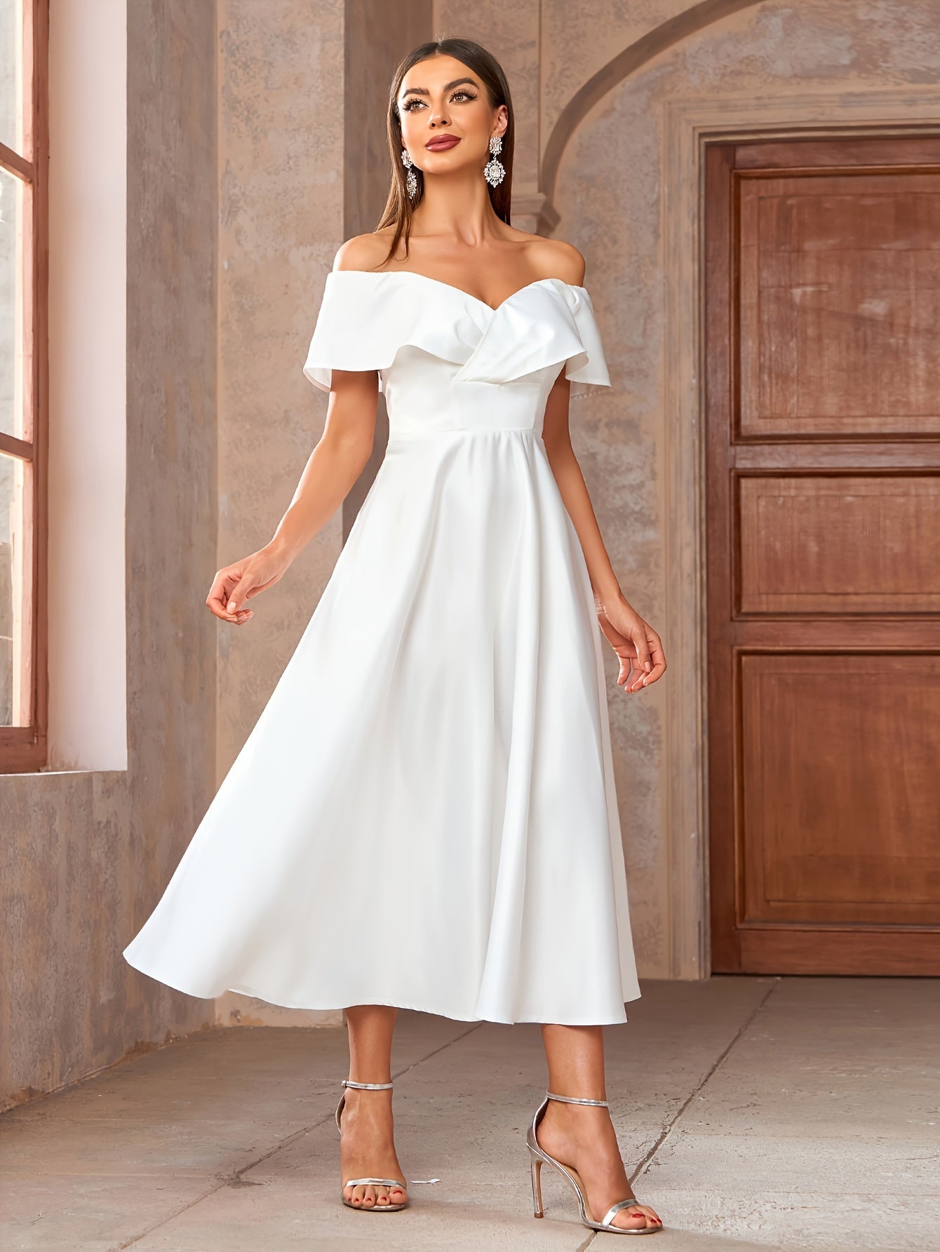Elegant Off the Shoulder Fit and Flare Dress - Ruffle Trim, Micro Elasticity, Cinched Waist, Solid Color, Woven Polyester Fabric - Hand Wash Only, Perfect for Spring and Summer