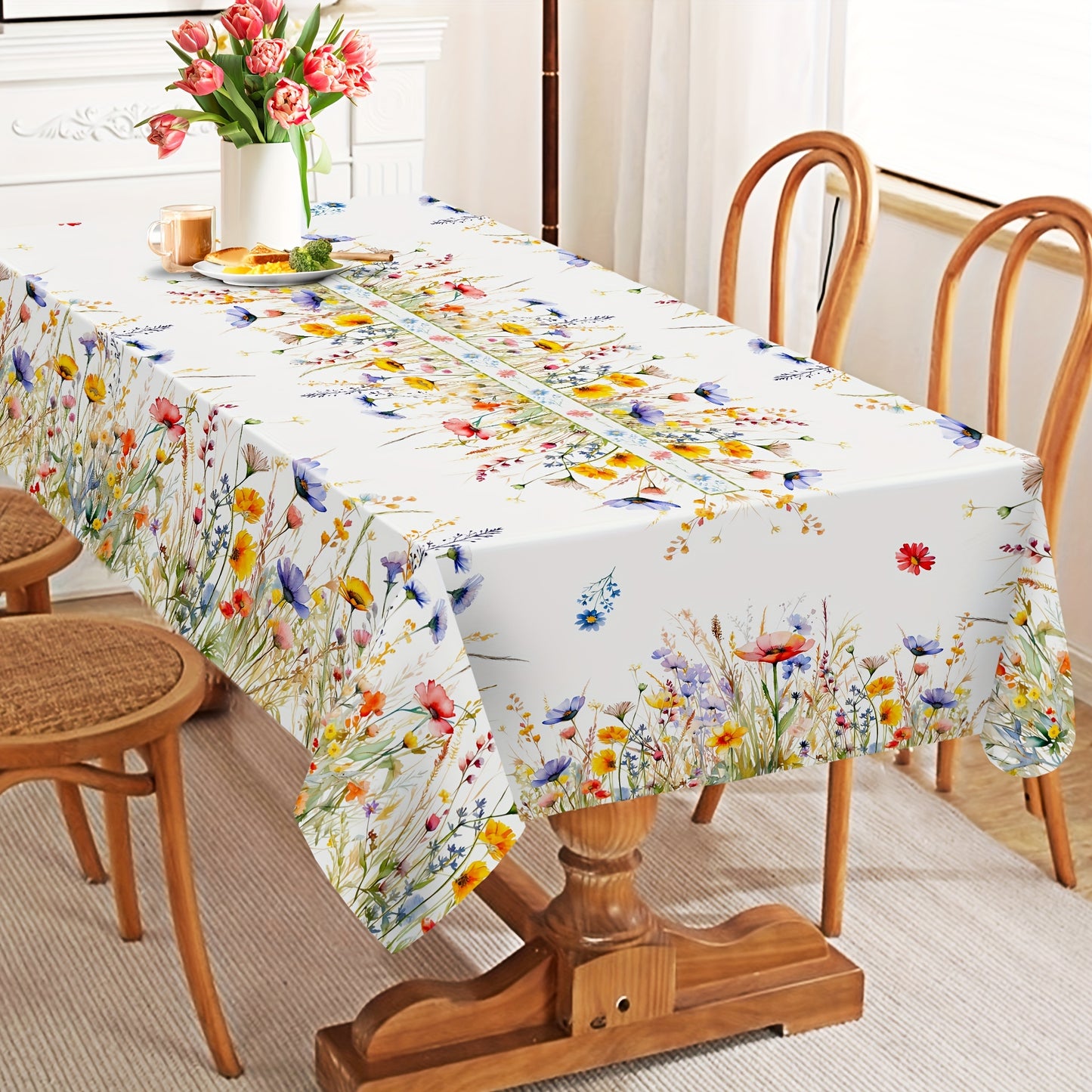 1pc Charming Watercolor Floral Tablecloth - Fresh Pastoral Wheat Motif - Seasonal Rectangle Table Cover for Spring Picnics & Holiday Celebrations, Elegant Home Decor