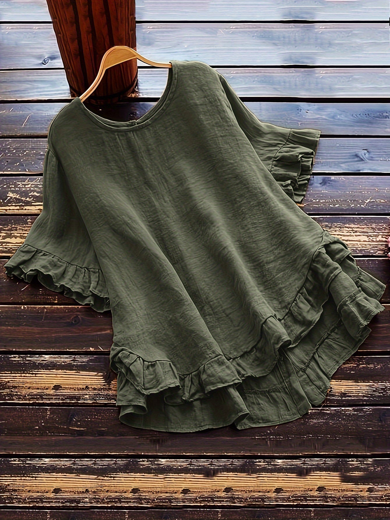 ZllKl Solid Button Back Ruffled Trim Blouse, Casual Short Sleeve Blouse For Spring & Summer, Women's Clothing