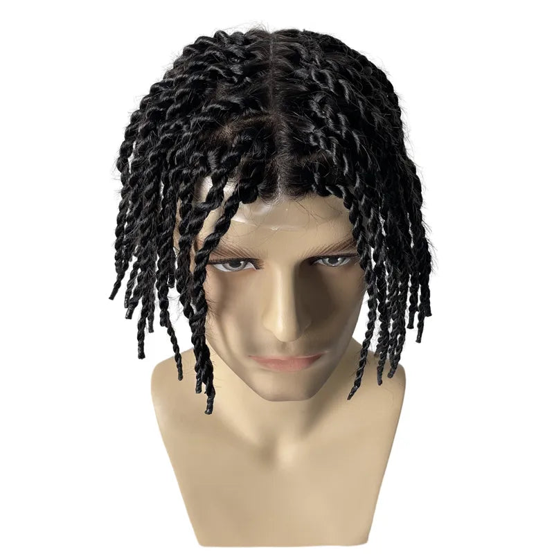 European Virgin Human Hair Pieces 200% Density 1b# Black Twist Braids Knots Skin PU Toupee for Black Men