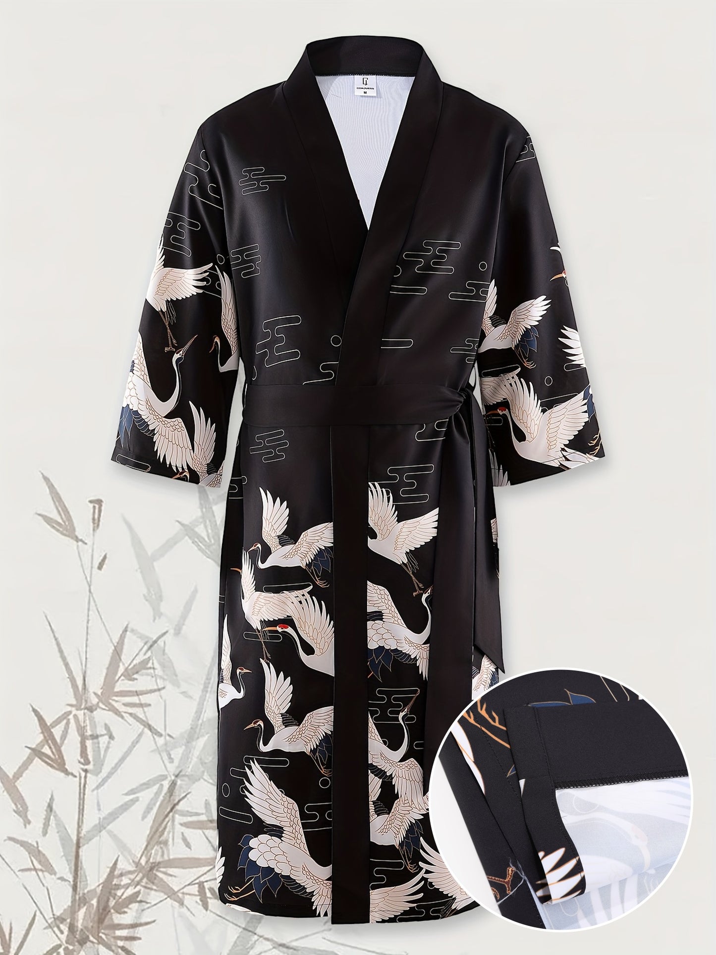 Vintage Crane Print Kimono Robe - Soft & Breathable, Loose-Fitting Lounge Wear - Ideal for Spring & Autumn Mornings