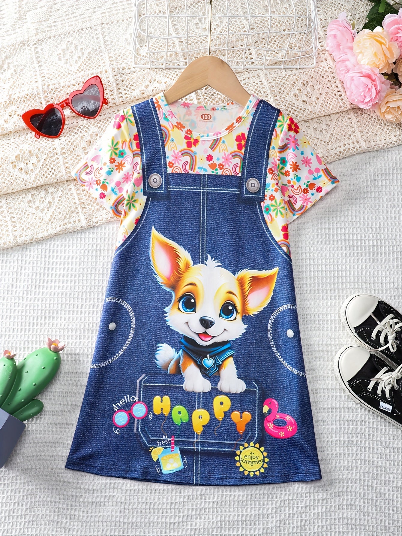 Girls Adorable 3D Elephant Print Striped Dress - Fashionable & Comfortable Crew Neck Summer Wear for Parties & Gifts