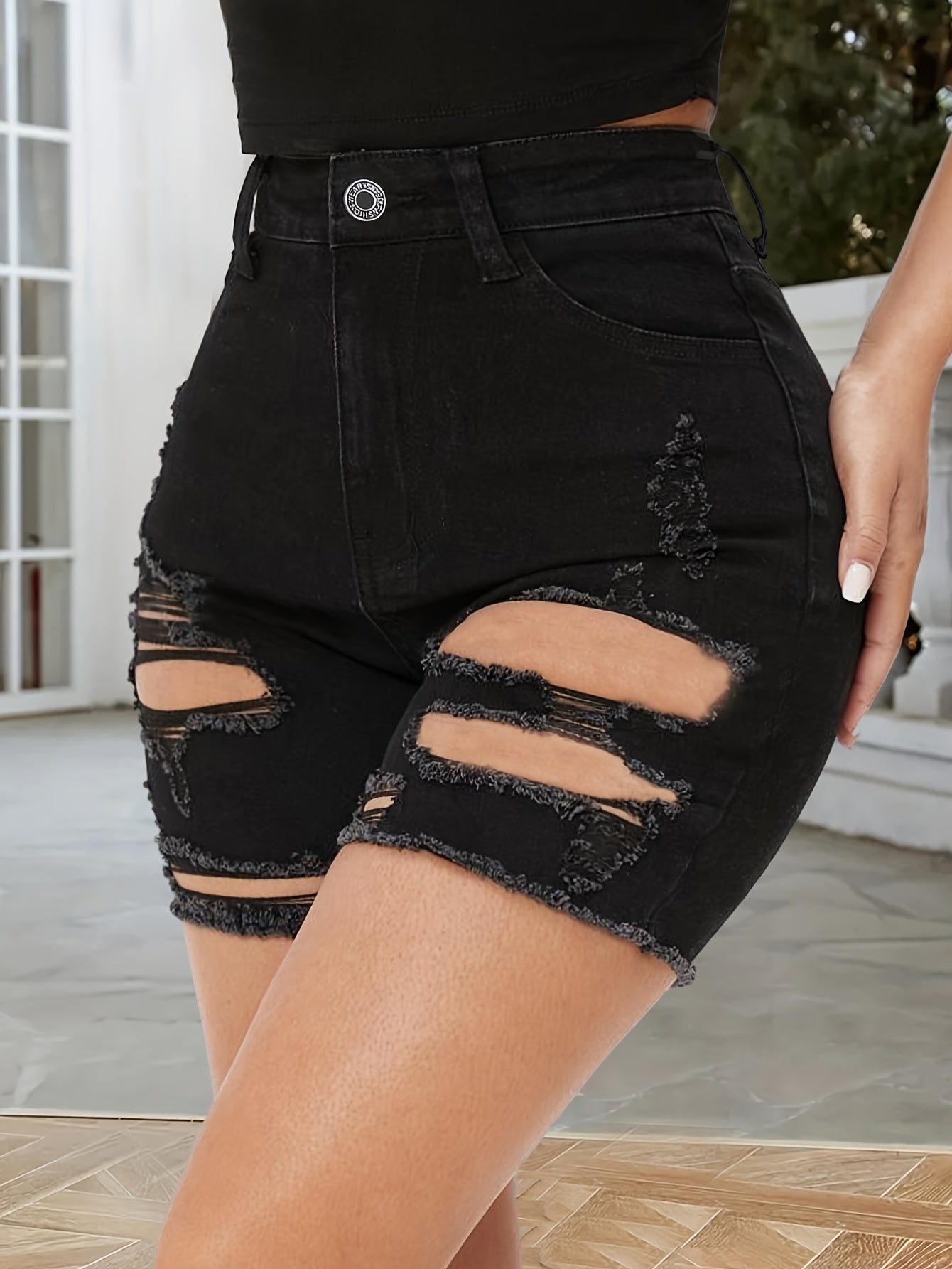 ZllKl Ripped Raw Hem Hot Denim Shorts, High Rise Stretchy Denim Shorts, Women's Denim Jeans & Clothing