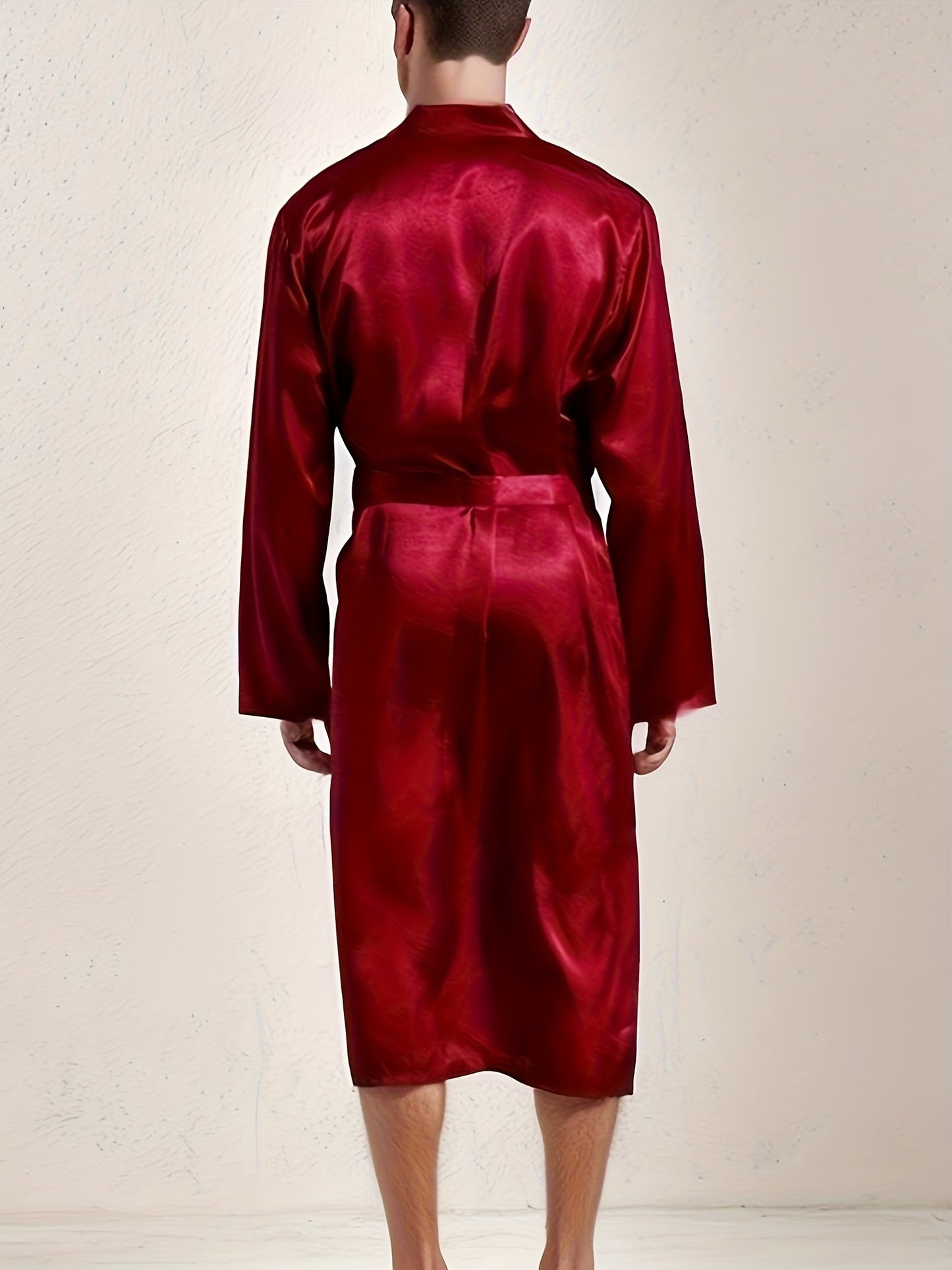 Men's Comfy Solid Glossy Robe For Home Pajamas Wear One-piece Lace Up Kimono Night-robe Sets After Bath
