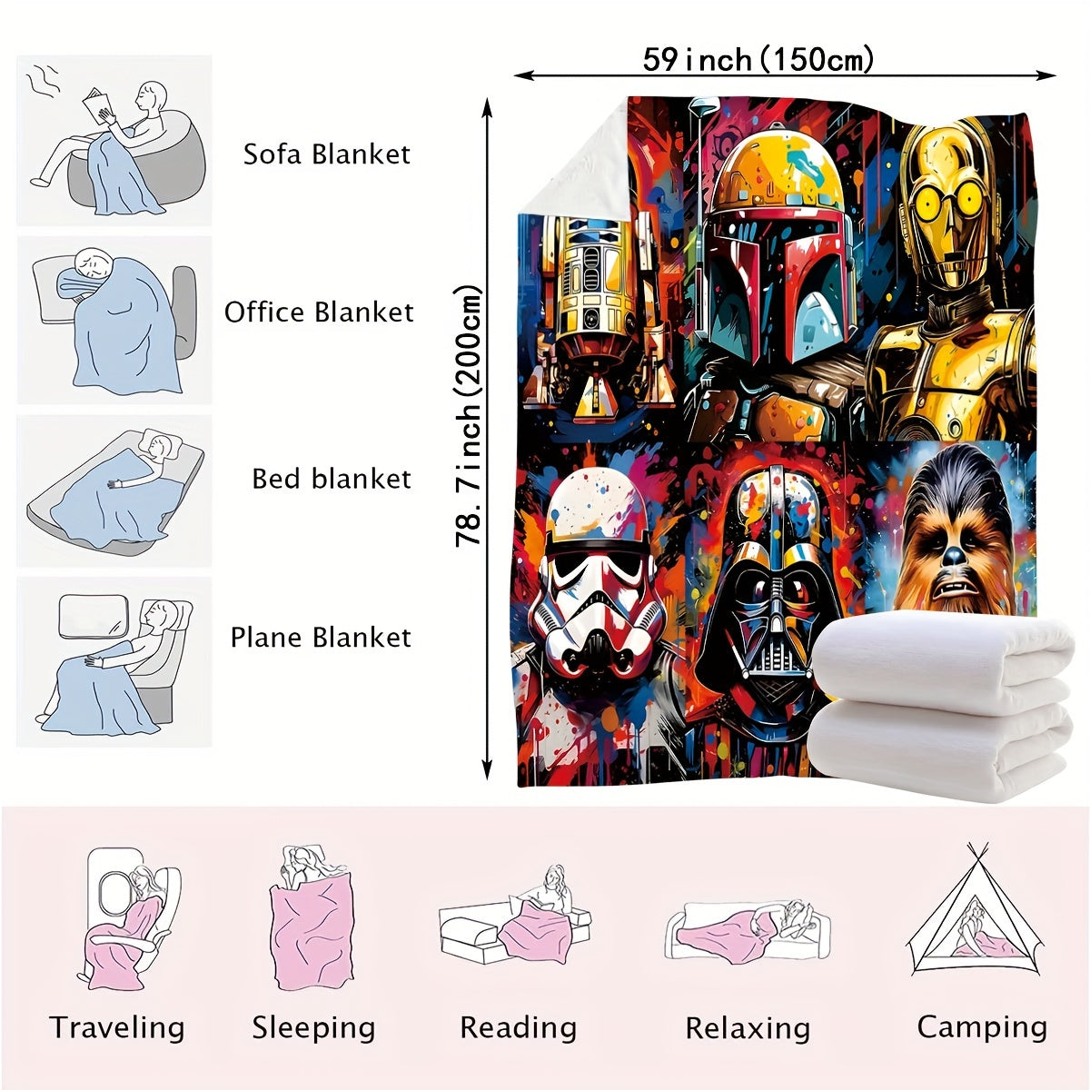 UME Contemporary Anime-Themed Flannel Throw Blanket - Star Wars Character Print | Soft Skin-Friendly Warm Fabric | Versatile for Couch, Bed, Travel, Camping | Knitted Digital Print | All-Season Cozy Pet-Friendly Throw | Mixed Color