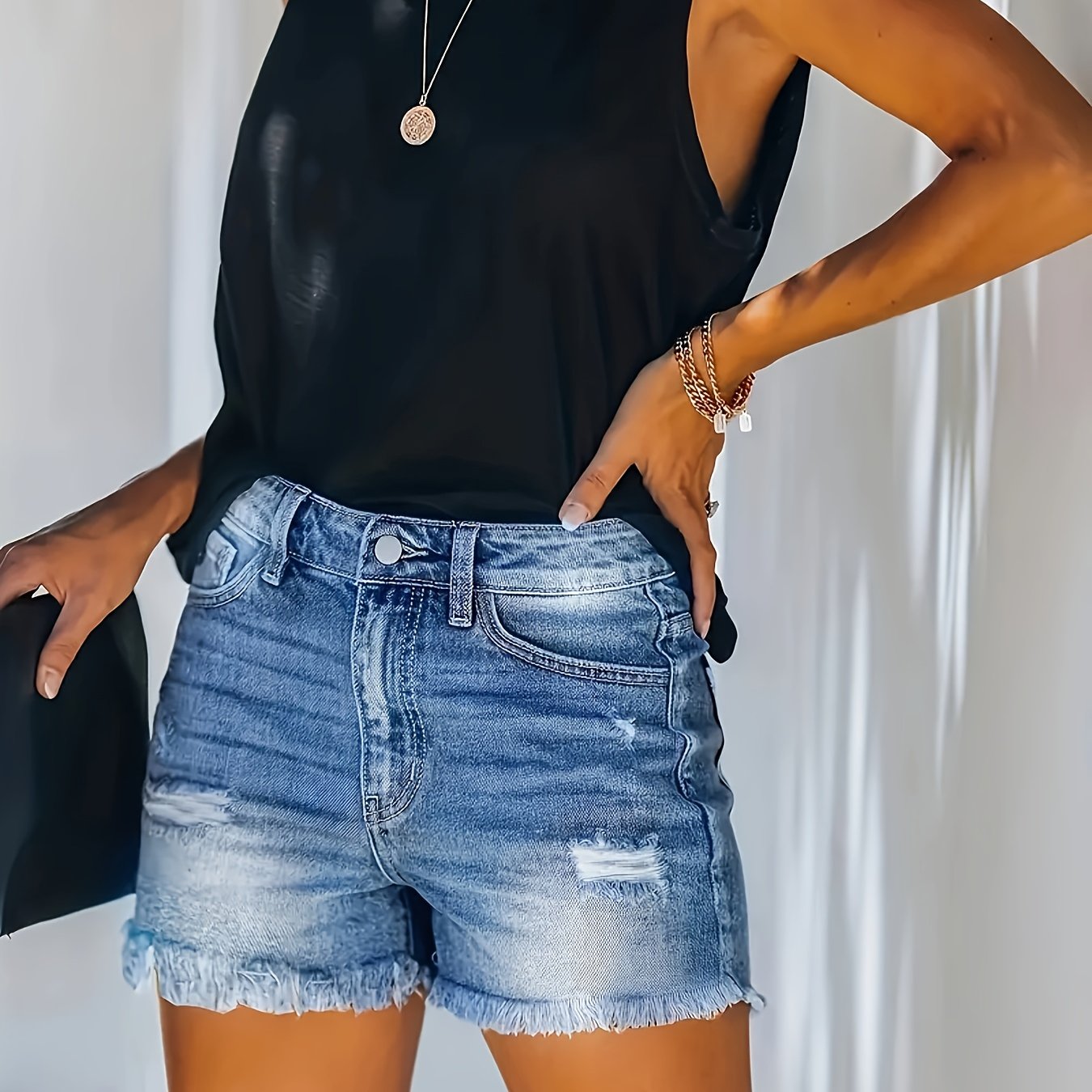 ZllKl Raw Hem Washed Denim Shorts, Ripped Holes Slash Pockets Short Denim Pants, Women's Denim Jeans & Clothing