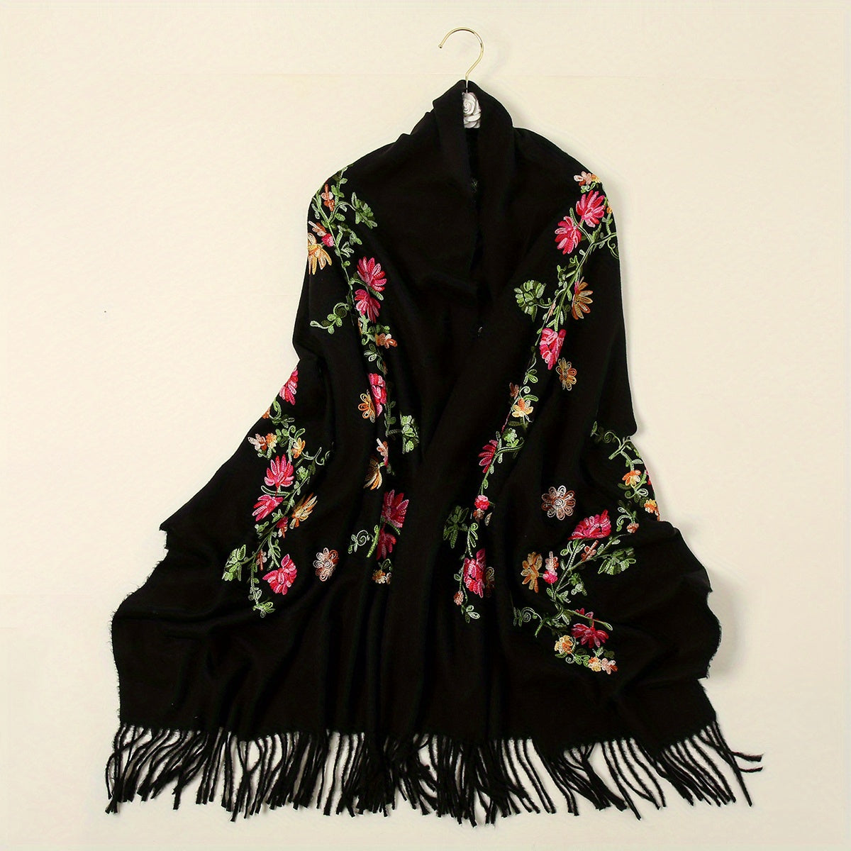 Embroidered National Style Scarf - Soft, Warm, Windproof, and Elegant Wrap for Going Out - Polyester Imitation Cashmere with Tassel and Flower Pattern