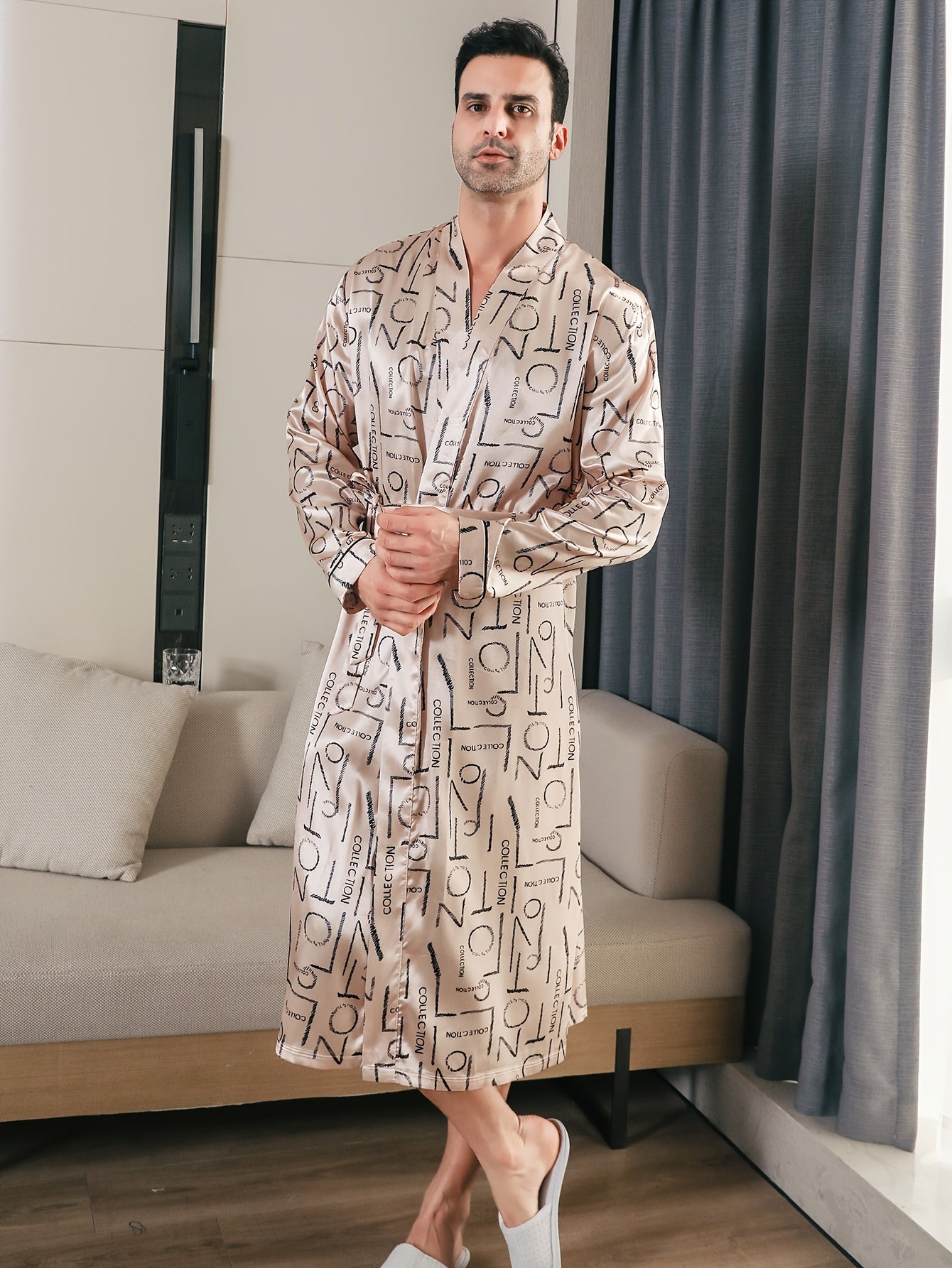 Mens Ultra-Soft Comfy Robe - Stylish Letter Pattern Design, Convenient Side Pocket, Adjustable Lace-Up Closure, Classic One-Piece Design - Ideal for Lounging Around the House in Comfort at Night
