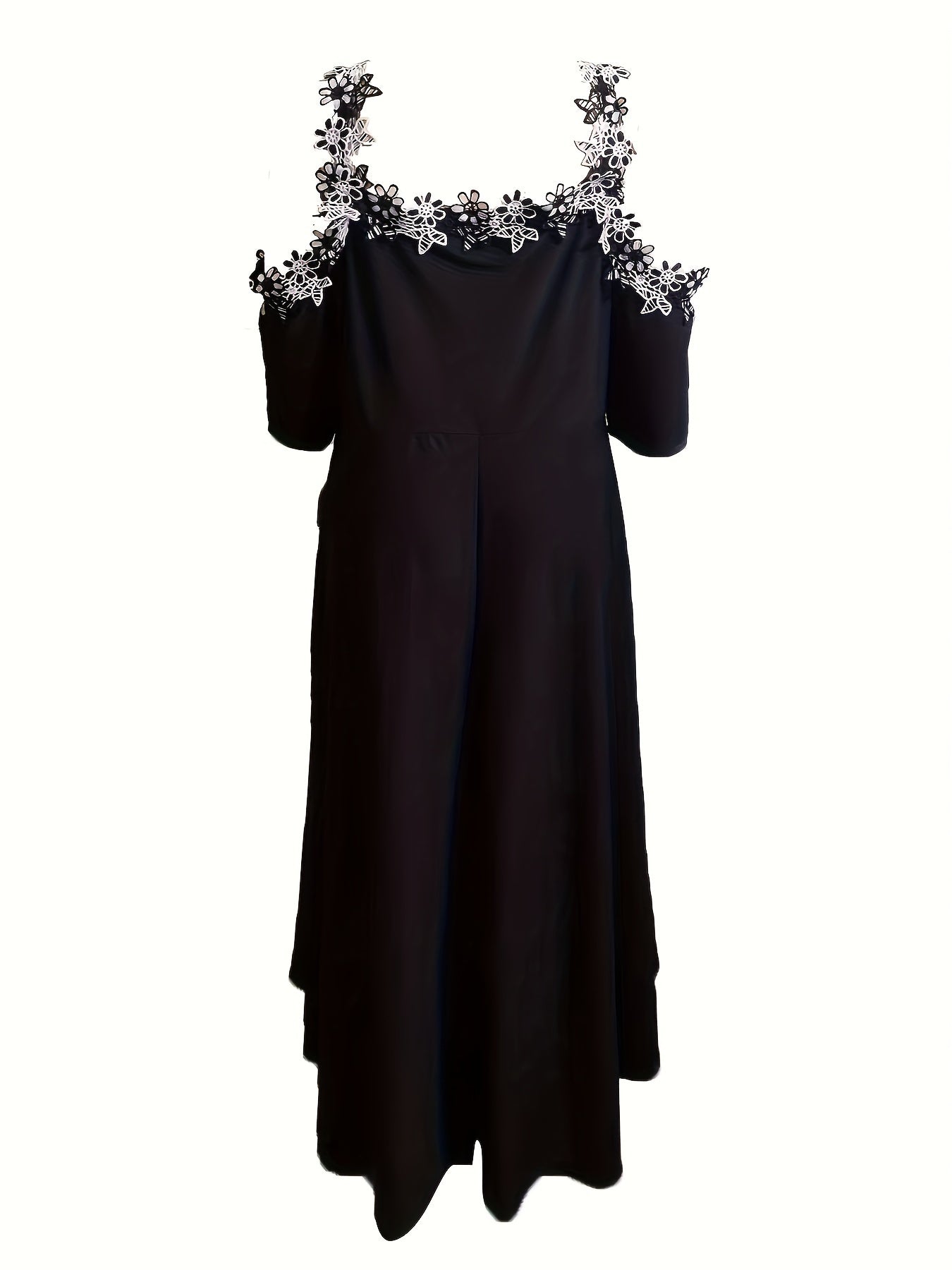 Plus Size Floral Chic V Neck Cold Shoulder Lace Stitching Dress - Elegant Short Sleeve Women's Clothing for Special Occasions - Perfect for Summer, Party, Wedding, and Date Night